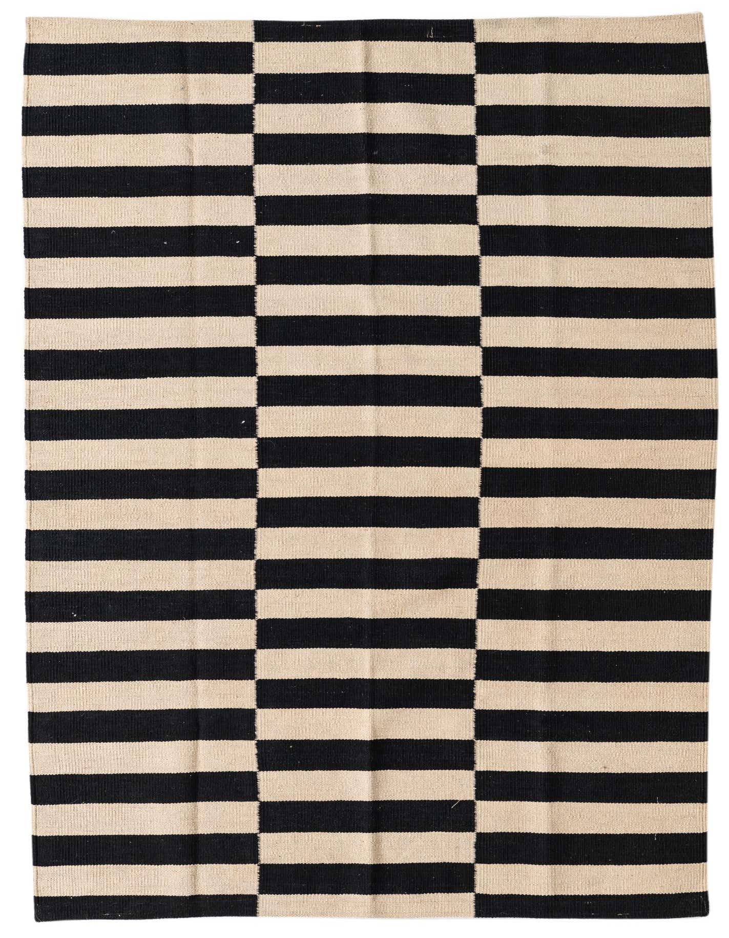 A 4x6 rectangular Kilim Modern rug with a bold black and ivory striped pattern, perfect for a living room.