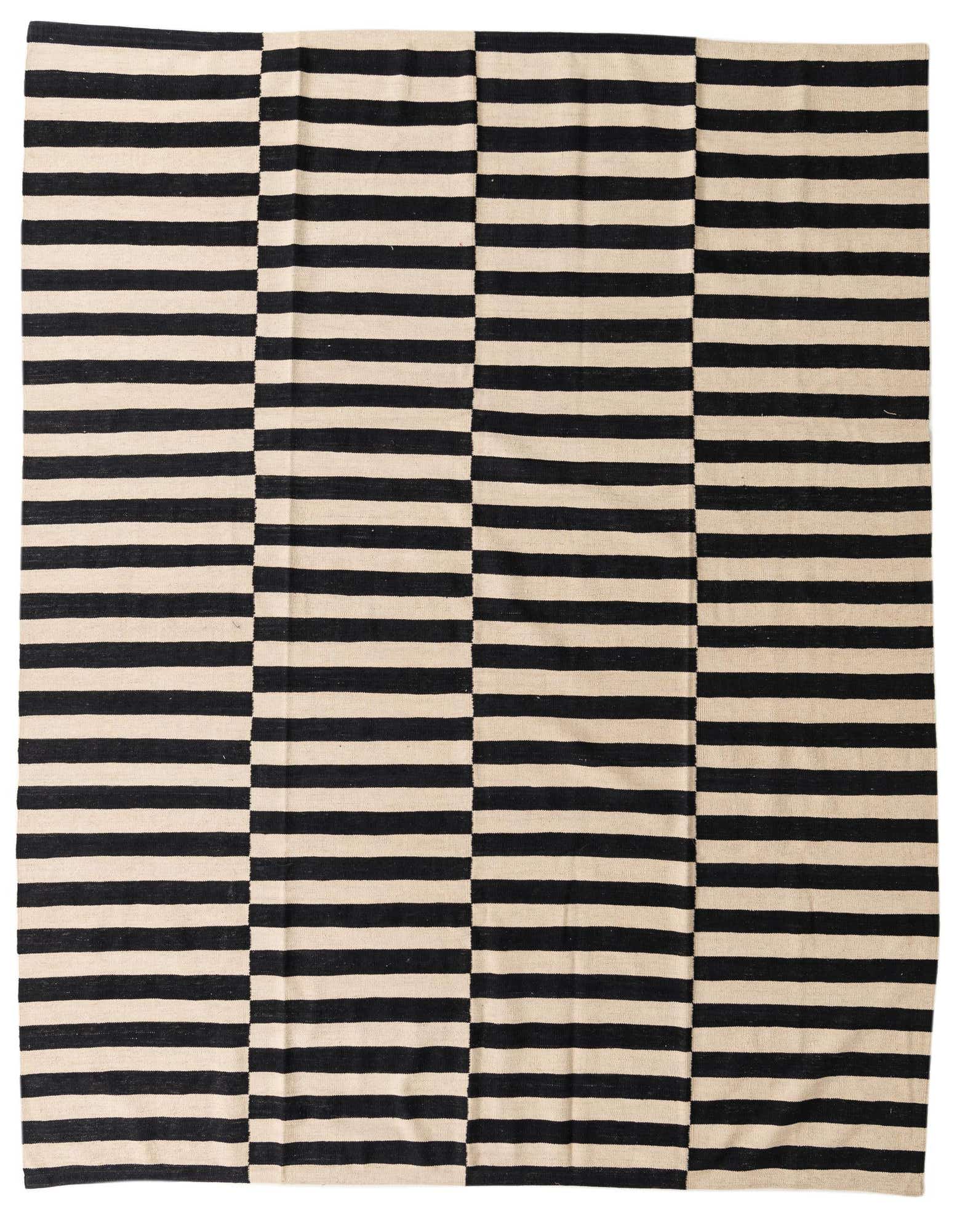 An 8x10 rectangular flatweave rug with a modern tribal pattern of alternating black and ivory horizontal stripes.