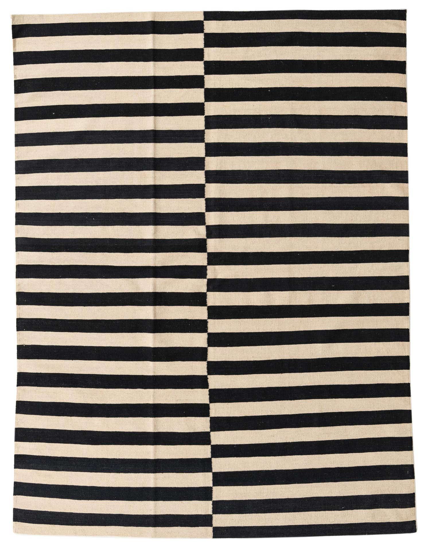 A 5x8 rectangular Kilim Modern rug with a bold black and ivory striped pattern, suitable for a living room.