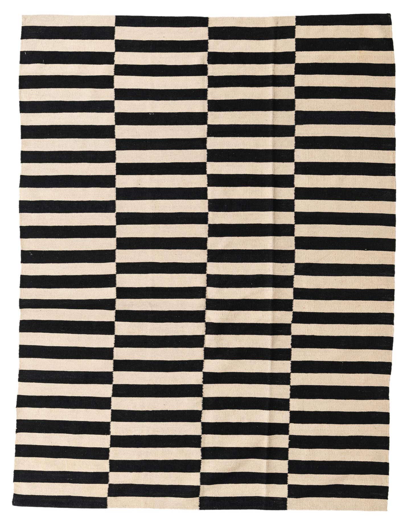 A 5x8 rectangular Kilim Modern rug with a bold black and ivory stripe pattern, perfect for a living room.
