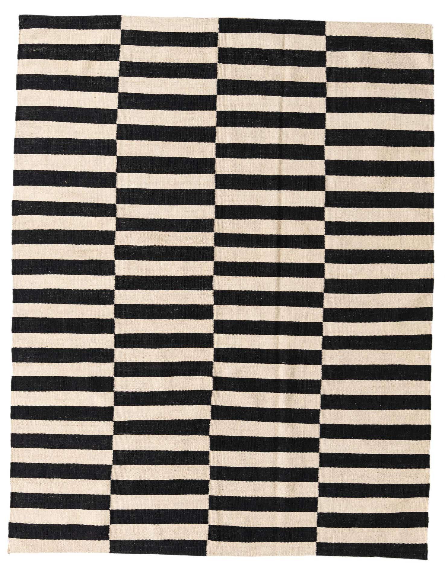 A 5x8 rectangular Kilim Modern rug with a bold black and ivory stripe pattern, perfect for a living room.