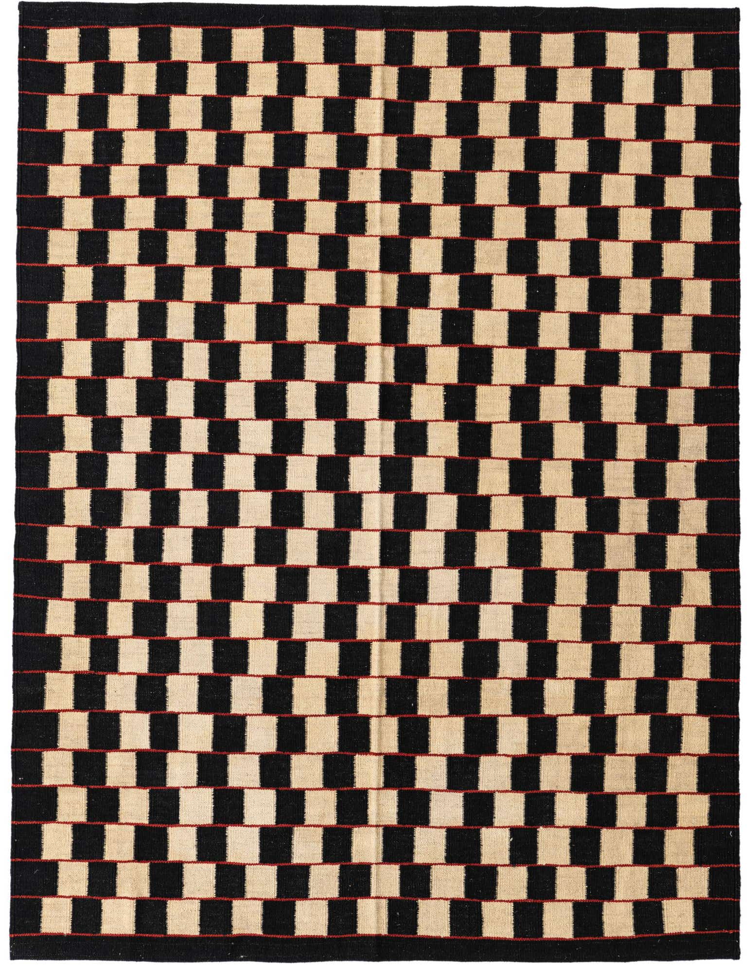 A 4x6 rectangular Kilim Modern rug with a bold checkerboard pattern in black and ivory, featuring thin red accent lines.