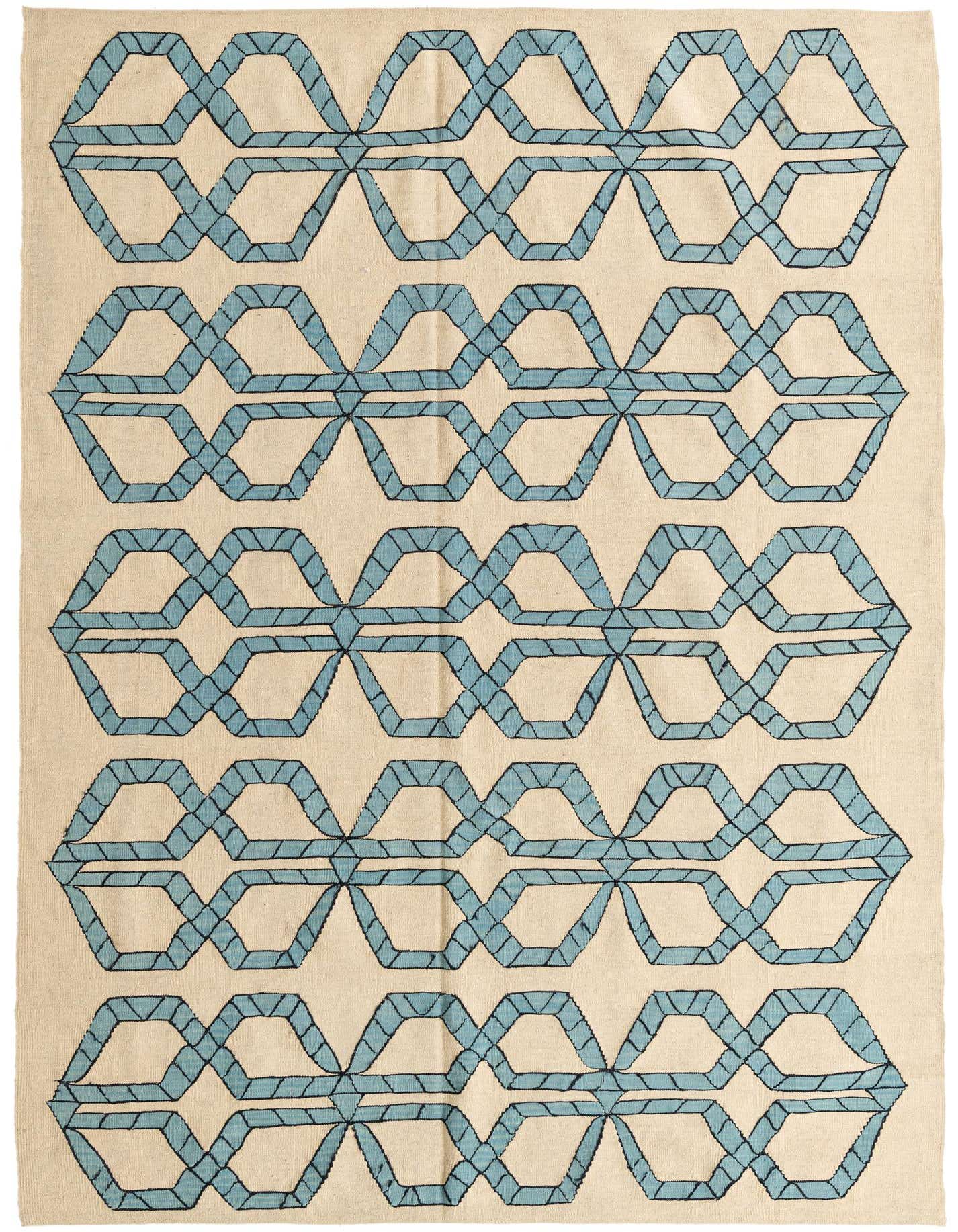 A 7x10 rectangular ivory flatweave rug with a repeating blue geometric tribal pattern, suitable for a living room.