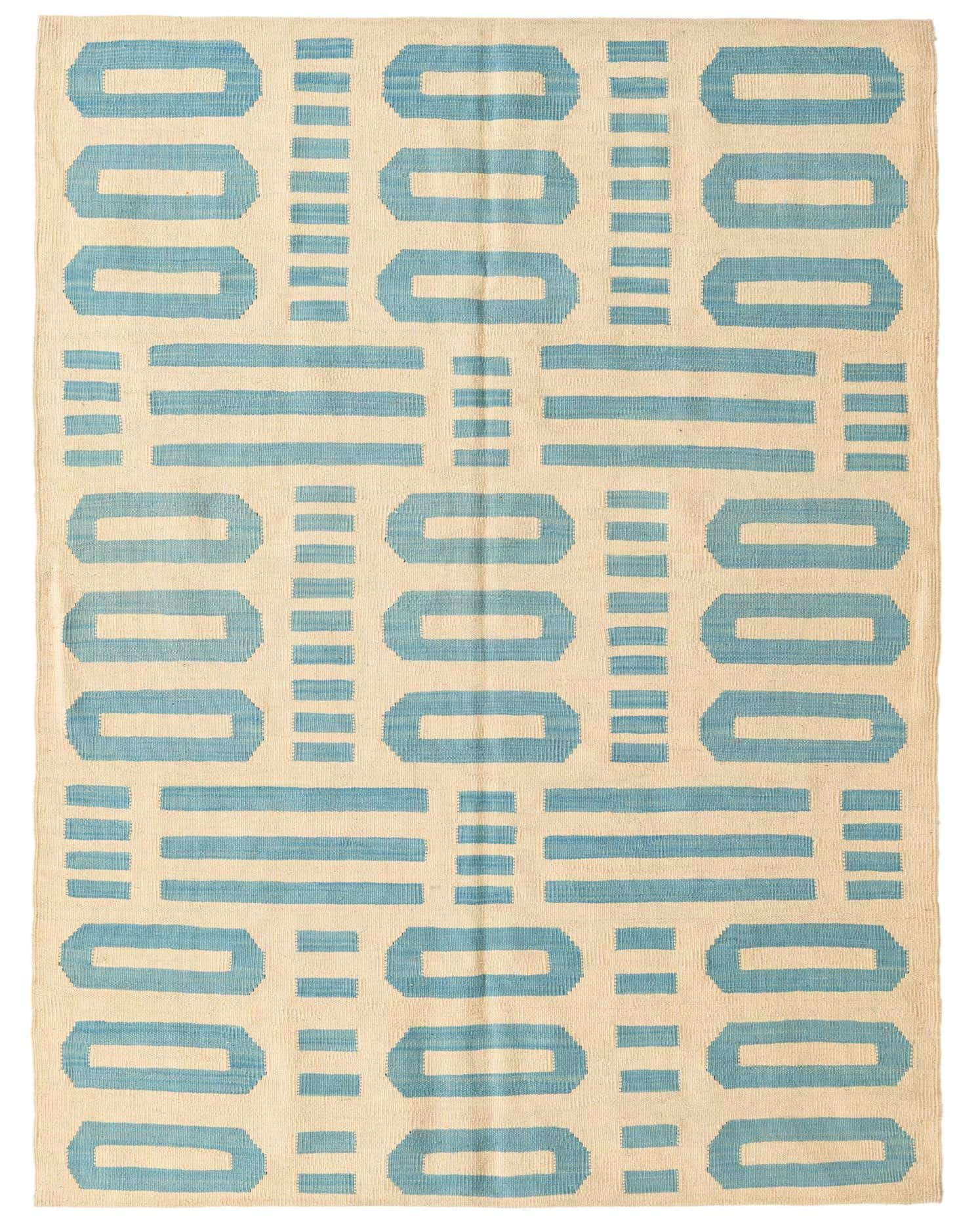A 4x6 rectangular flatweave rug with a modern tribal pattern in ivory and light blue, featuring abstract geometric shapes.