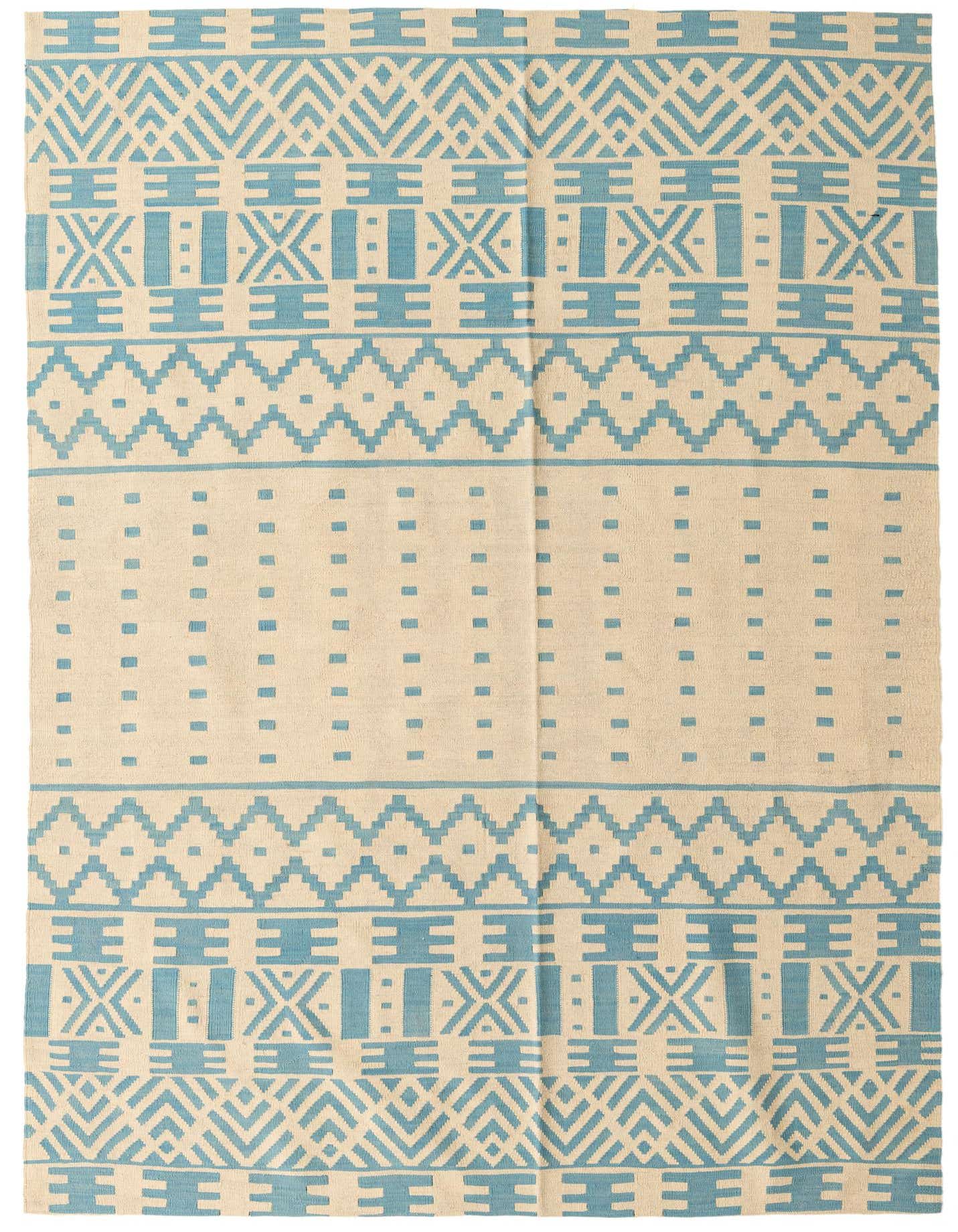 A 6x9 rectangular Kilim Modern rug with a flat weave, featuring a tribal pattern in ivory and light blue.
