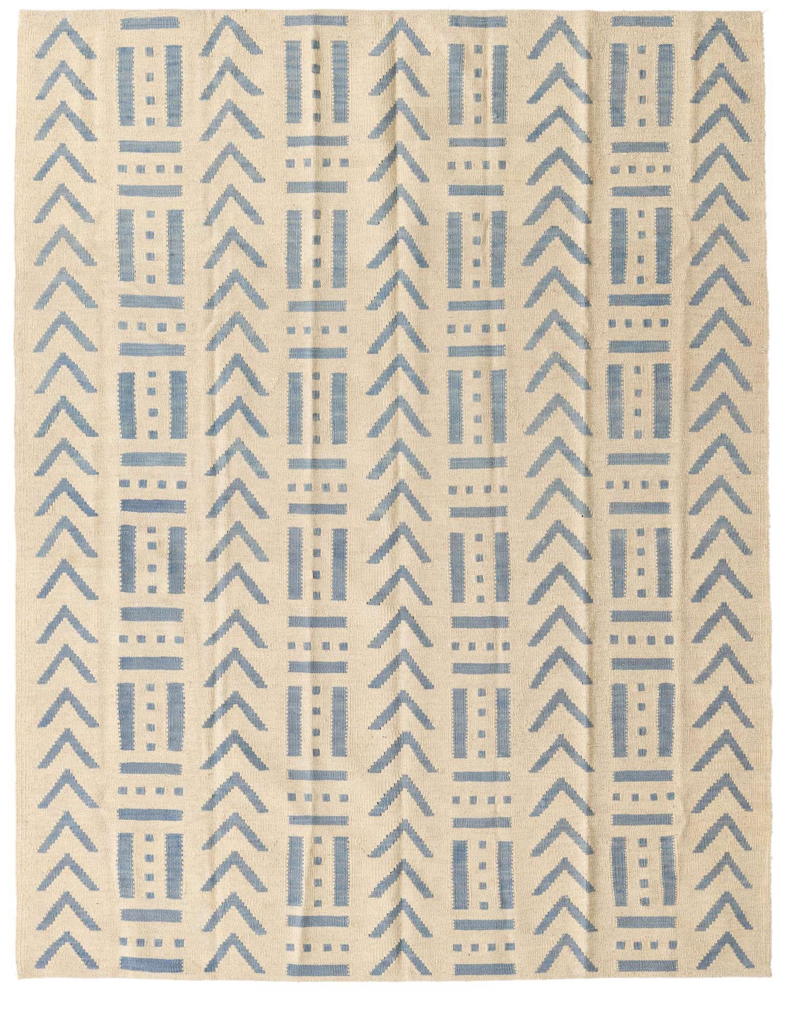 A 5x8 rectangular ivory and blue flatweave rug featuring a modern tribal pattern of arrows and dashes.