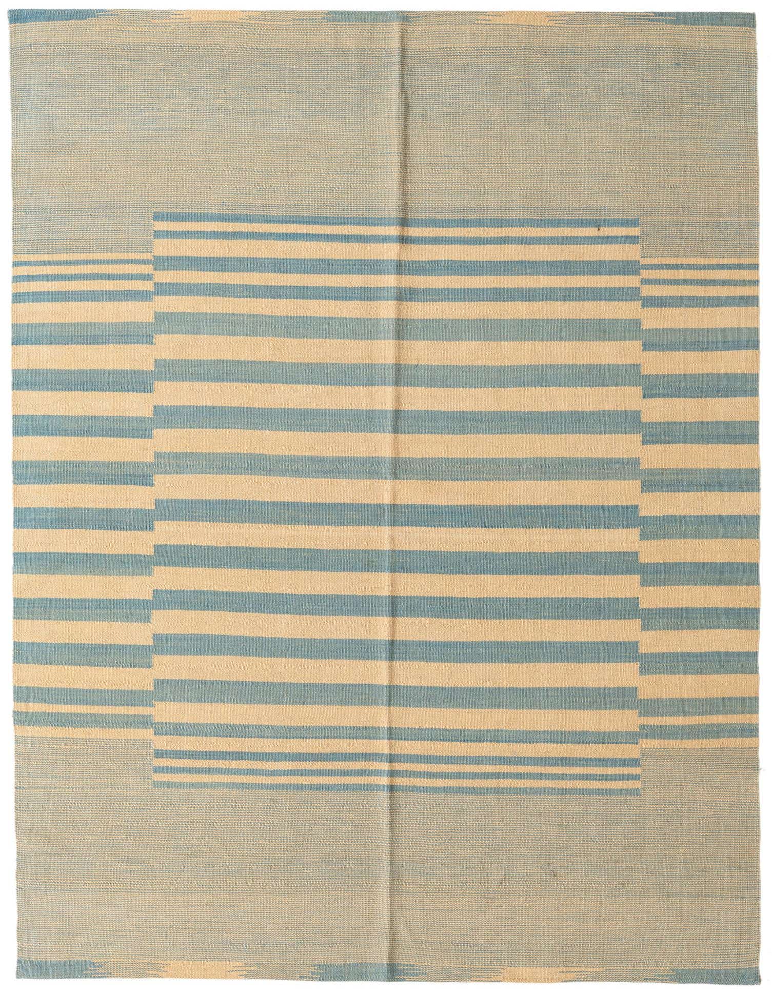 A 5x8 rectangular Kilim Modern rug with a central ivory and blue striped pattern, bordered by solid blue-cream sections.