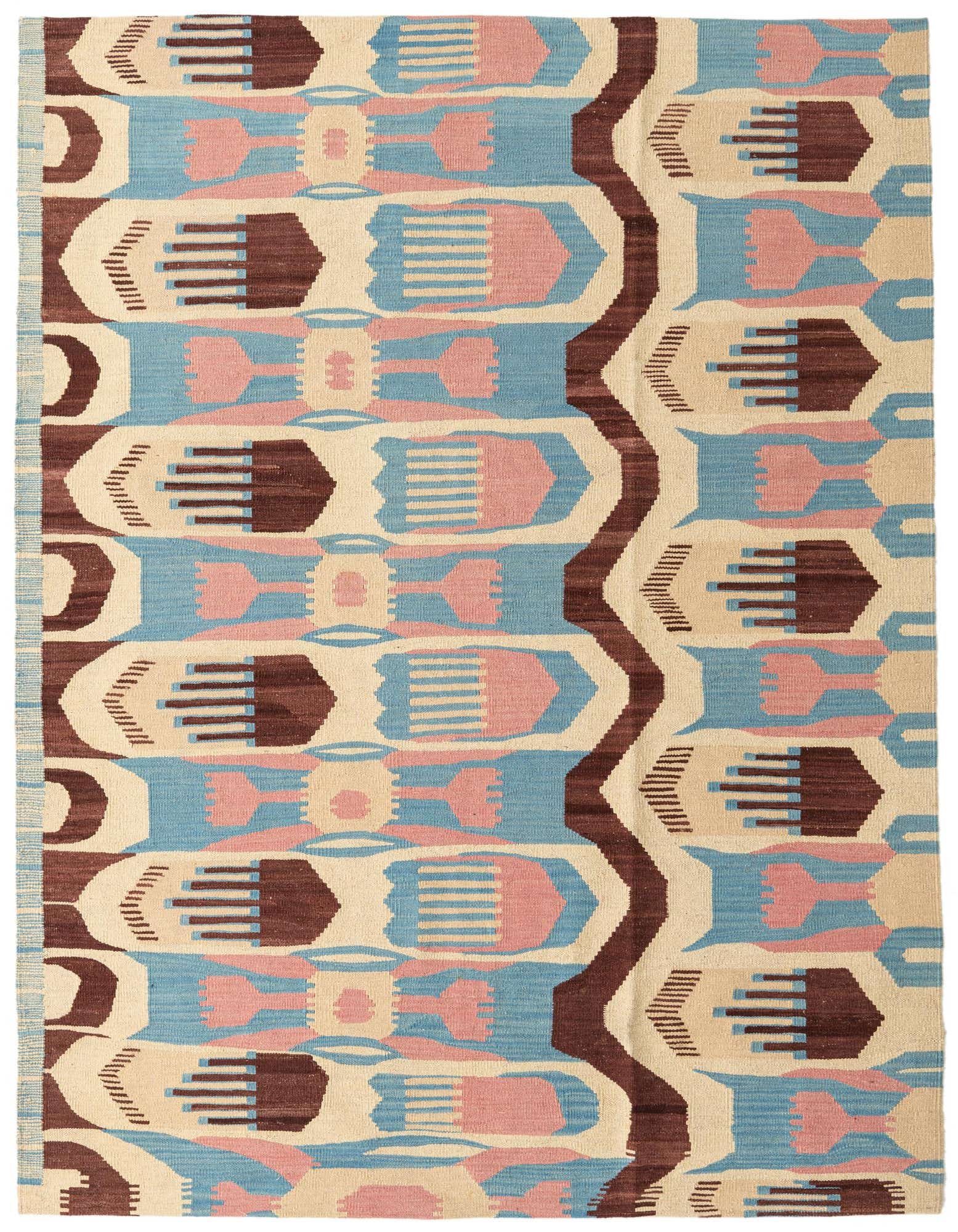 A 5x8 rectangular Kilim Modern wool rug featuring an abstract tribal pattern in ivory, blue, pink, and brown.