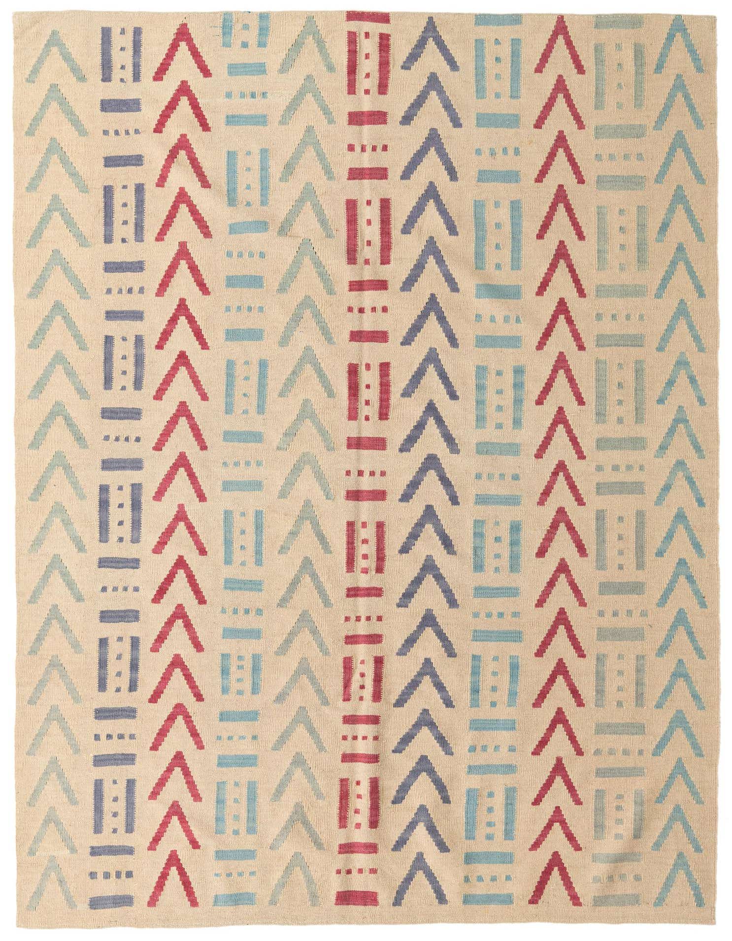 A 5x8 rectangular ivory flatweave rug with a modern tribal pattern of red, blue, and light blue geometric shapes.