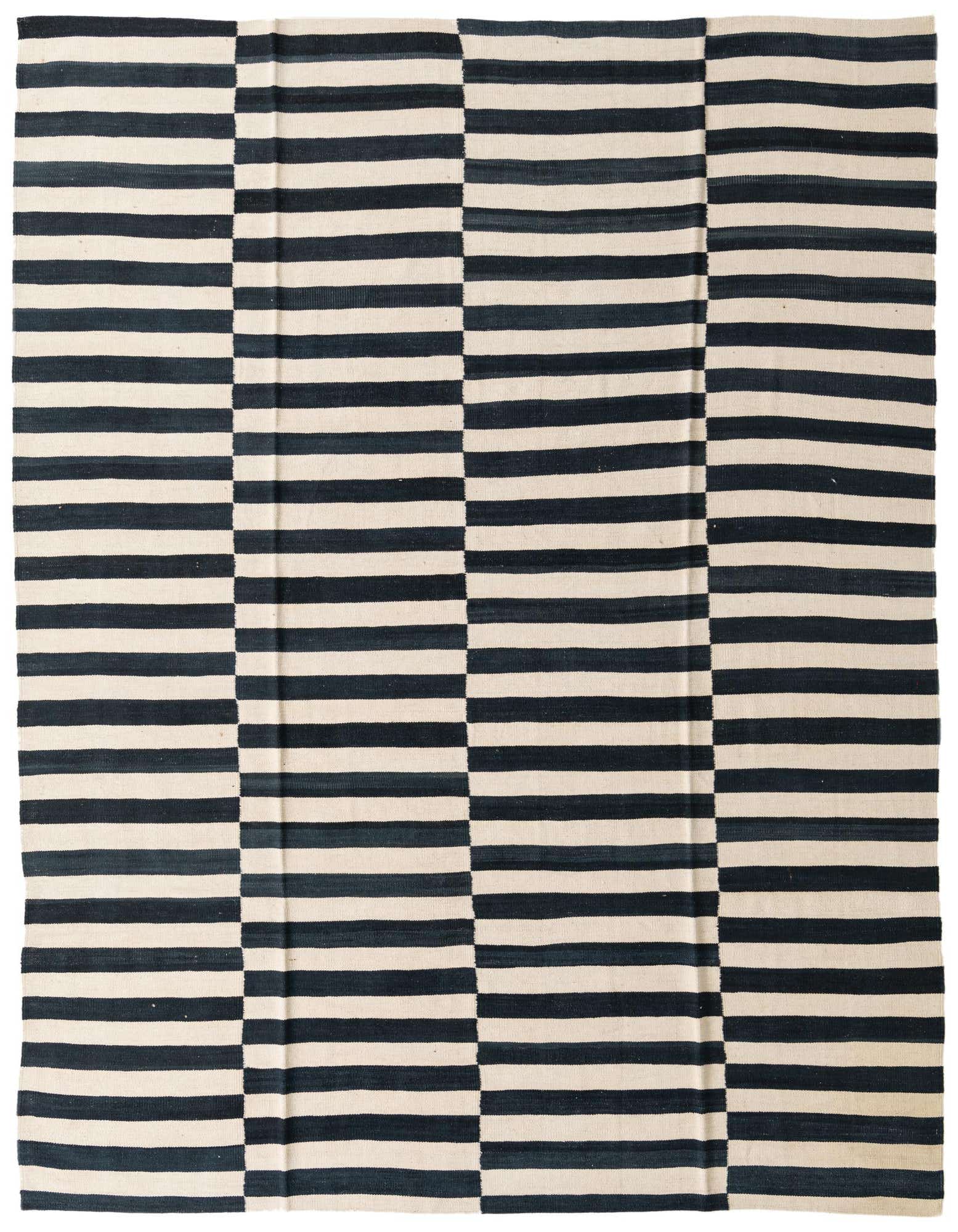 An 8x10 rectangular flatweave rug featuring a bold tribal stripe pattern in alternating ivory and dark gray/black horizontal bands.