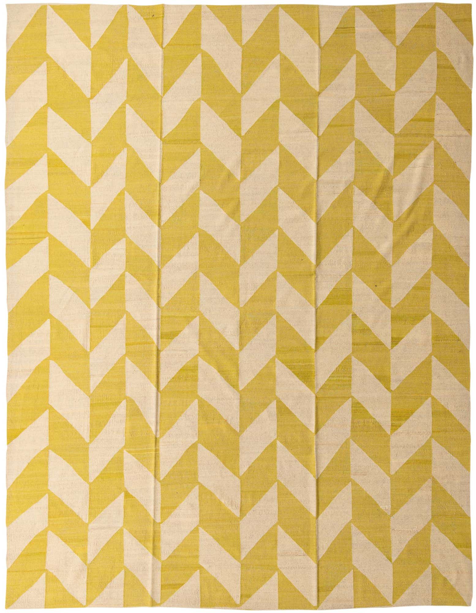A 10x13 rectangular Kilim Modern wool rug featuring a repeating ivory and cream chevron pattern on a light yellow background.