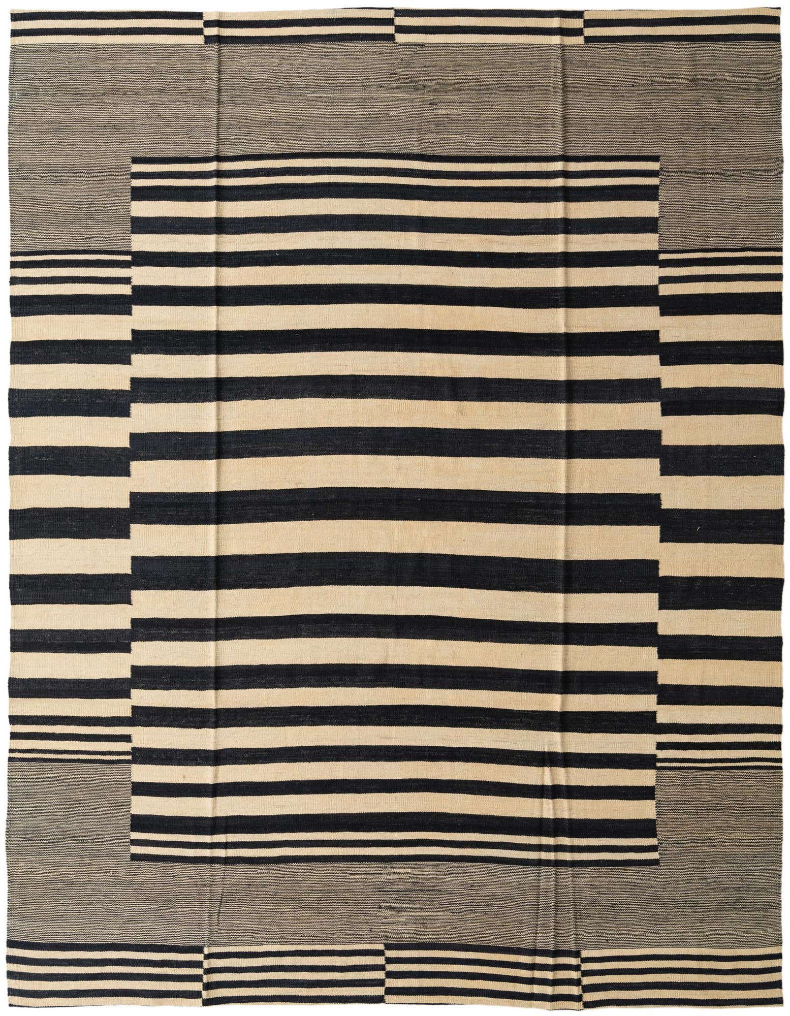 An 8x10 rectangular flatweave rug featuring a bold black and ivory striped pattern with a solid black border.