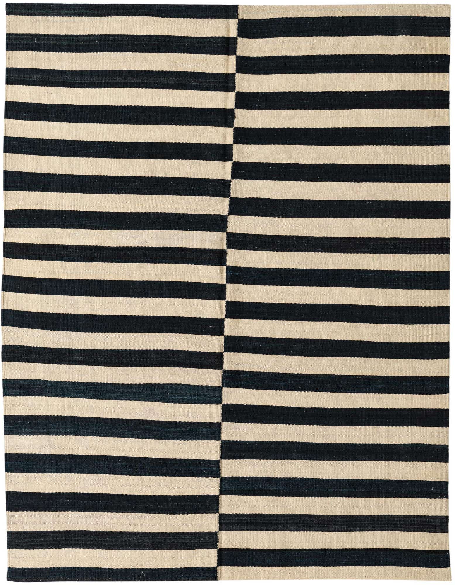 A 5x8 rectangular ivory and black striped flatweave rug with a tribal, modern, and oriental pattern.