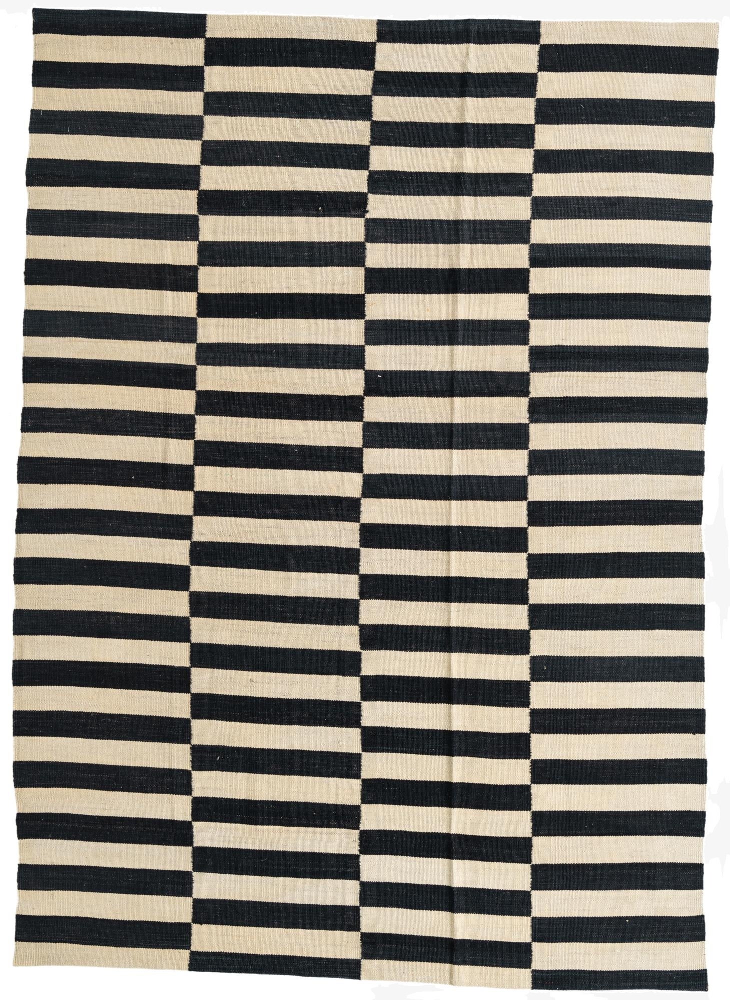 A 5x8 rectangular Kilim Modern rug with alternating horizontal stripes of black and cream, creating a bold, tribal pattern.