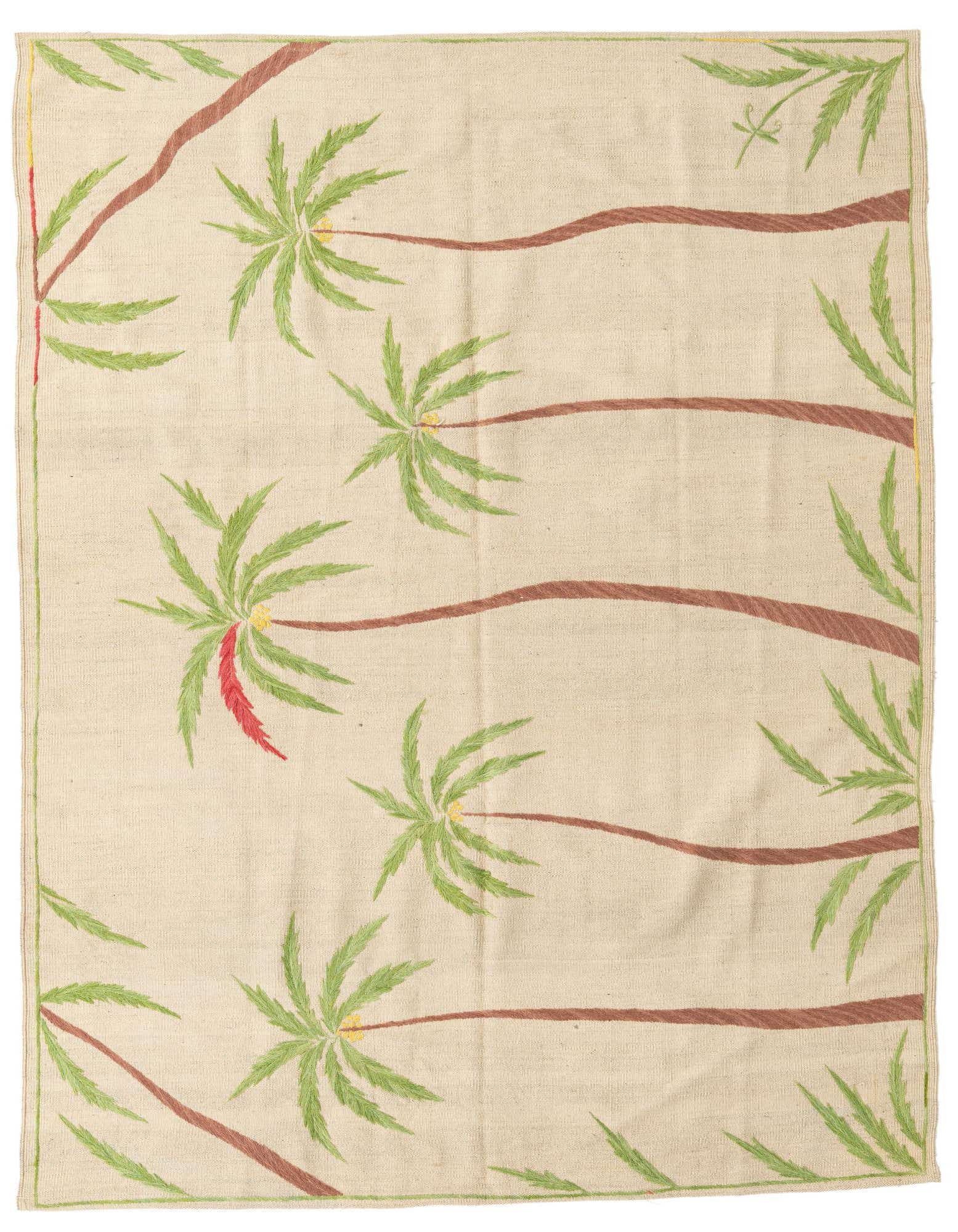 A 5x8 rectangular ivory flatweave rug with a modern tribal pattern of brown palm trees and green fronds.