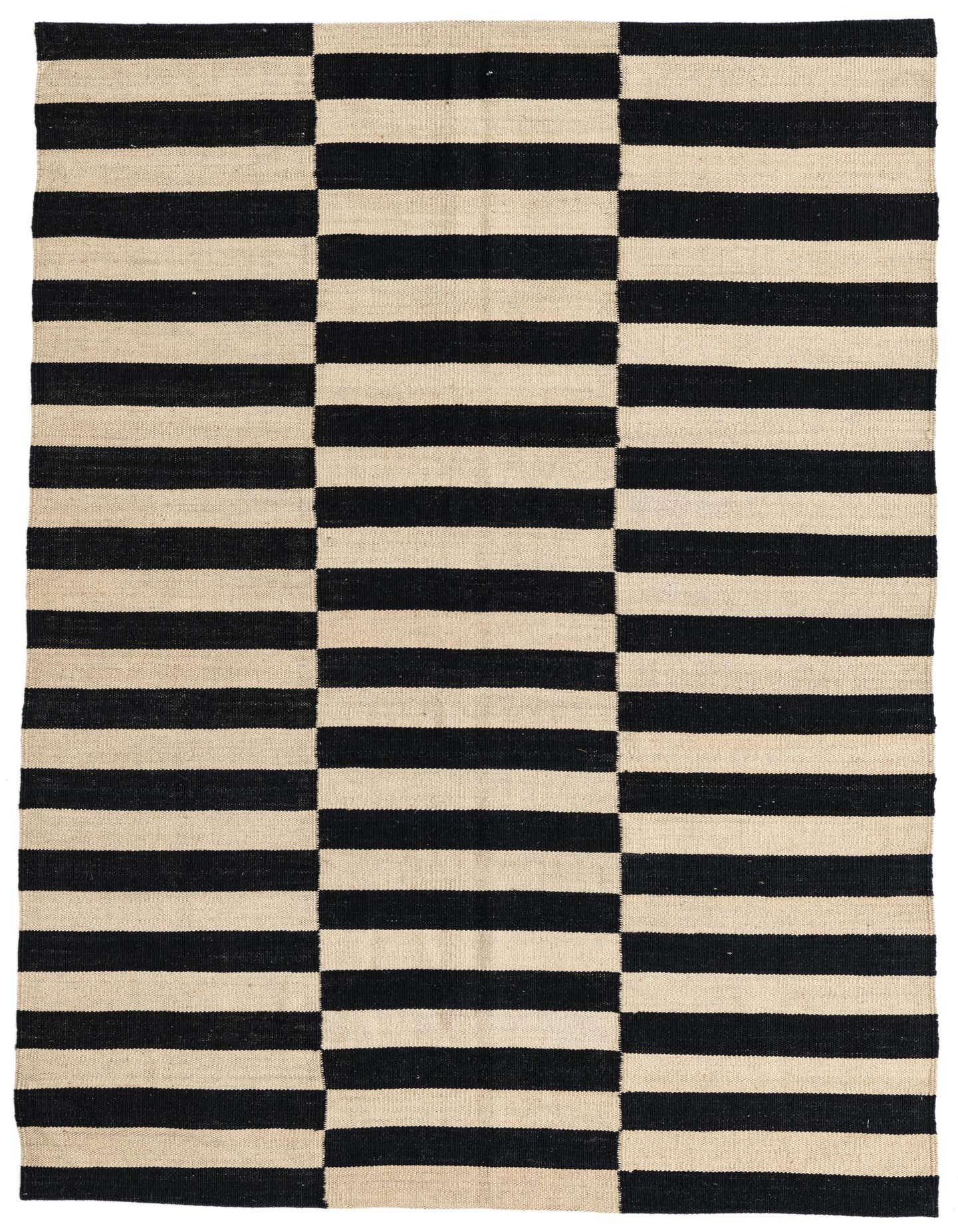 A 4x6 rectangular Kilim Suzani rug featuring bold black and cream horizontal stripes, perfect for a modern living room.