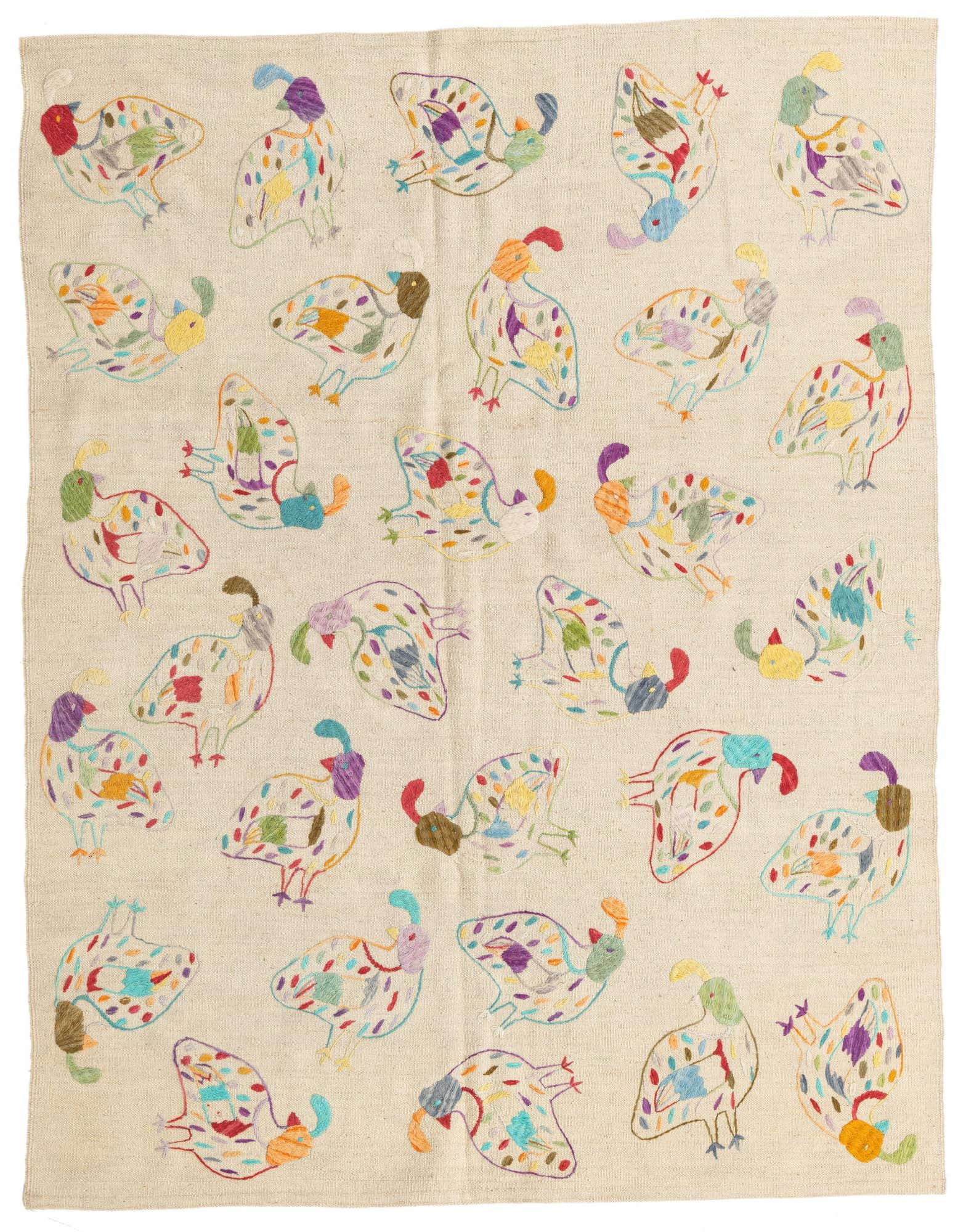 A 5x8 rectangular ivory wool rug featuring a colorful, repeating tribal bird pattern in various hues.