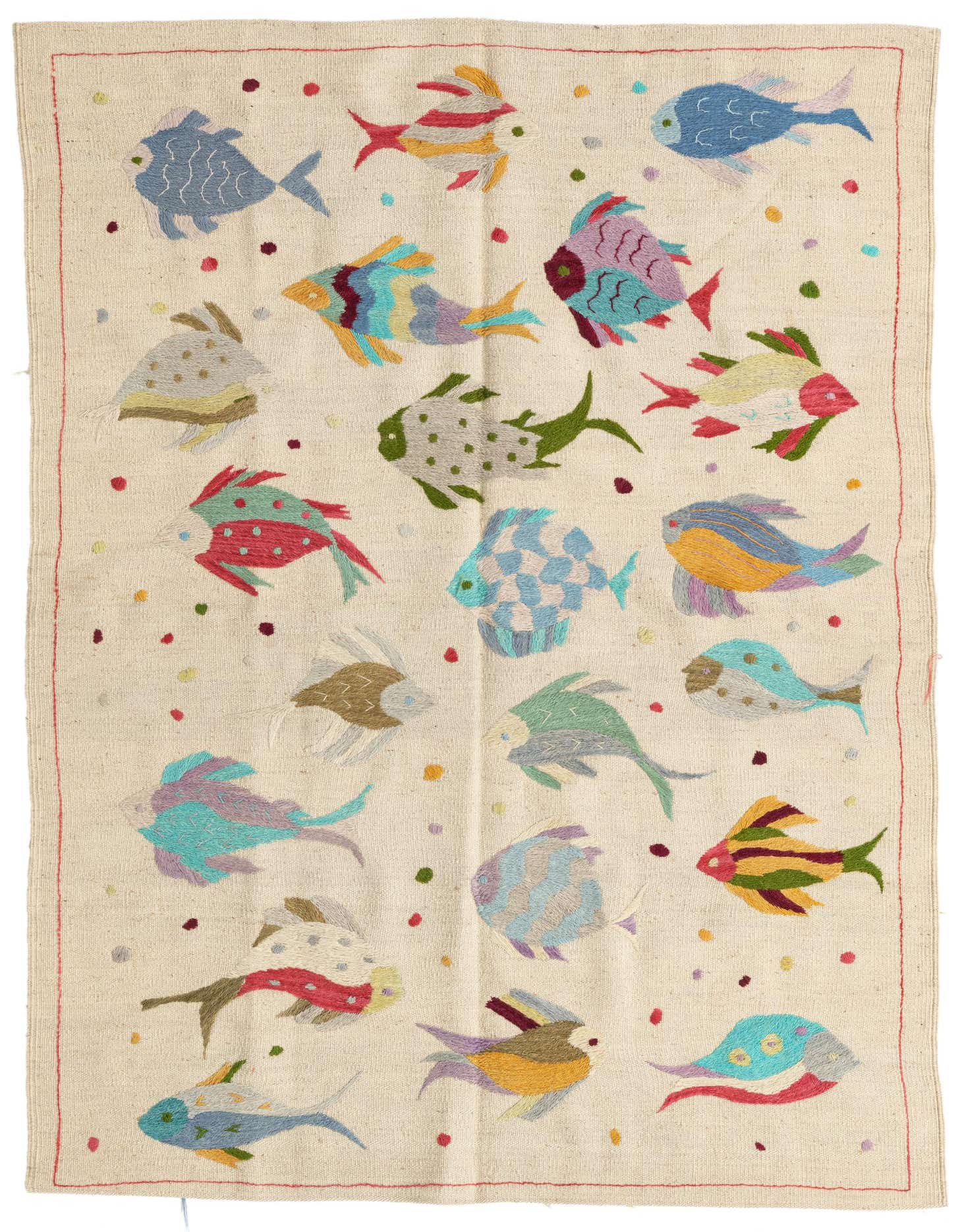 A 4x6 rectangular ivory flatweave rug with a colorful tribal fish pattern, suitable for a living room or entryway.