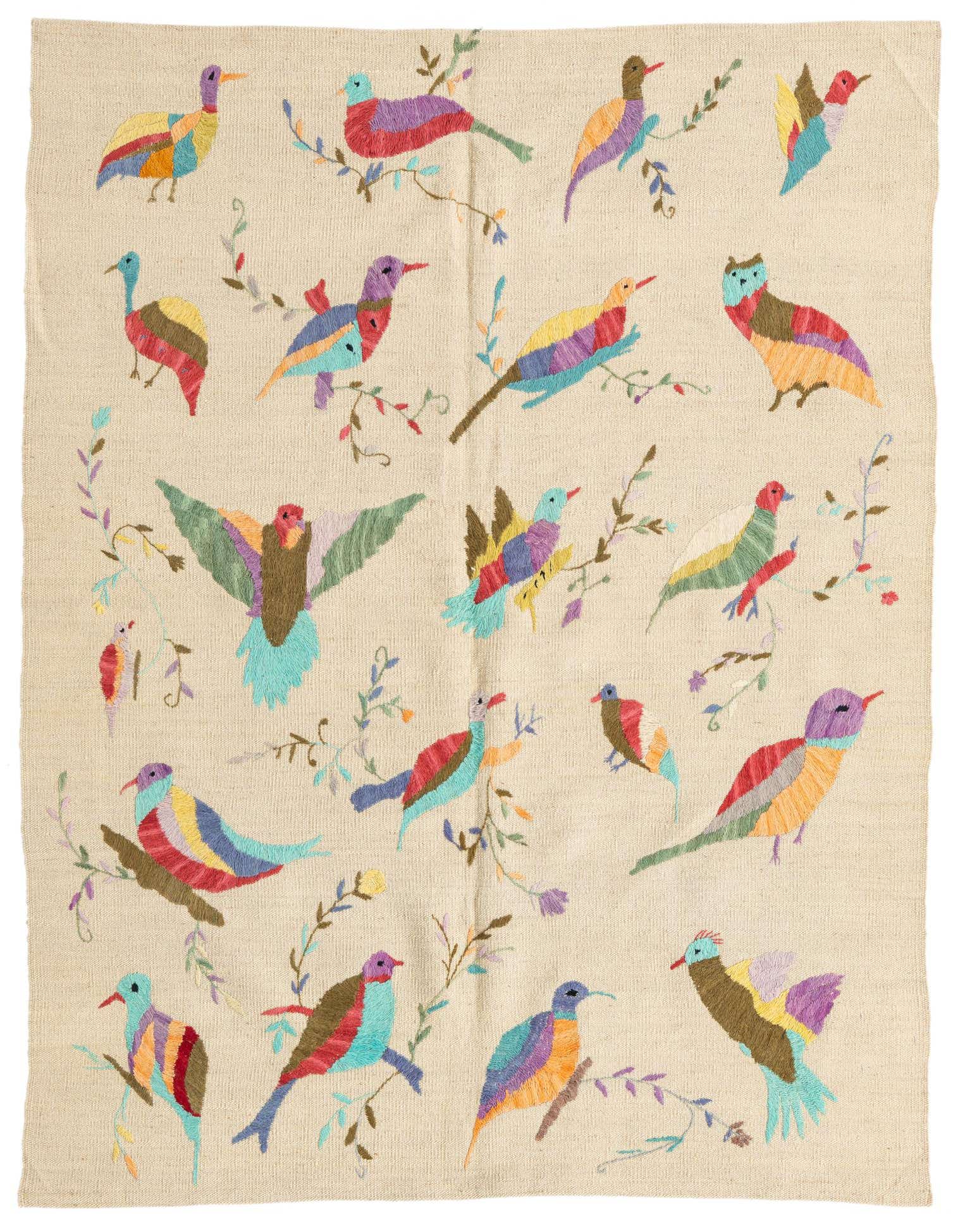A 4x6 rectangular ivory flatweave rug featuring colorful embroidered birds and branches in a tribal, modern, and oriental style.