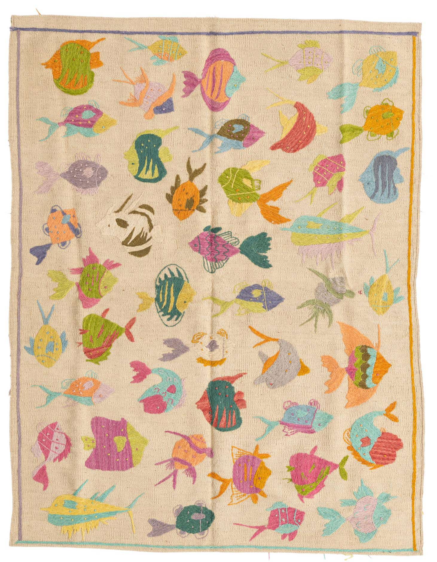 A 4x6 rectangular ivory flatweave rug featuring a vibrant, multicolored fish pattern, perfect for a playful living room.