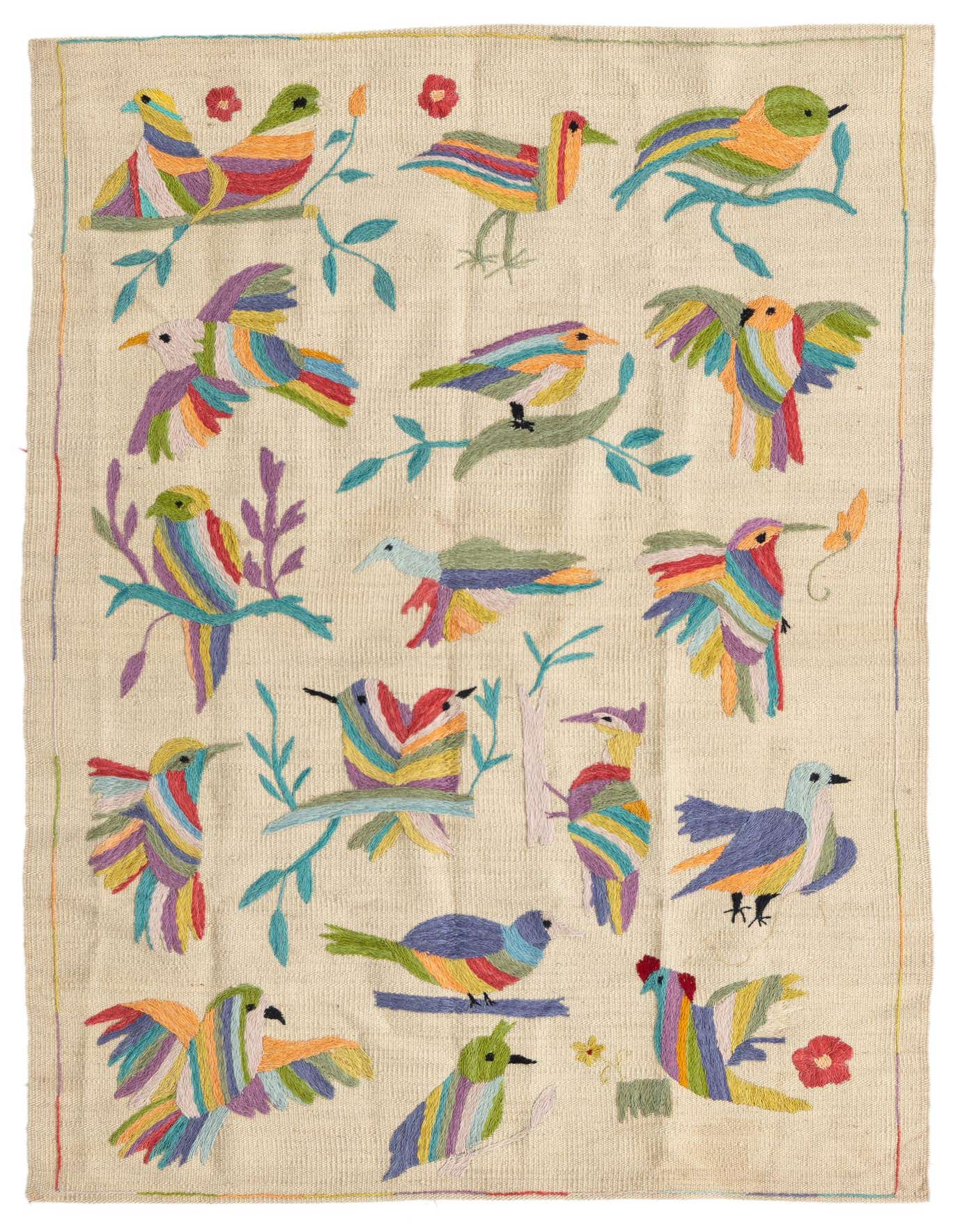 A 3x5 rectangular ivory flatweave rug featuring a vibrant, multicolored tribal bird pattern with green and blue branches.