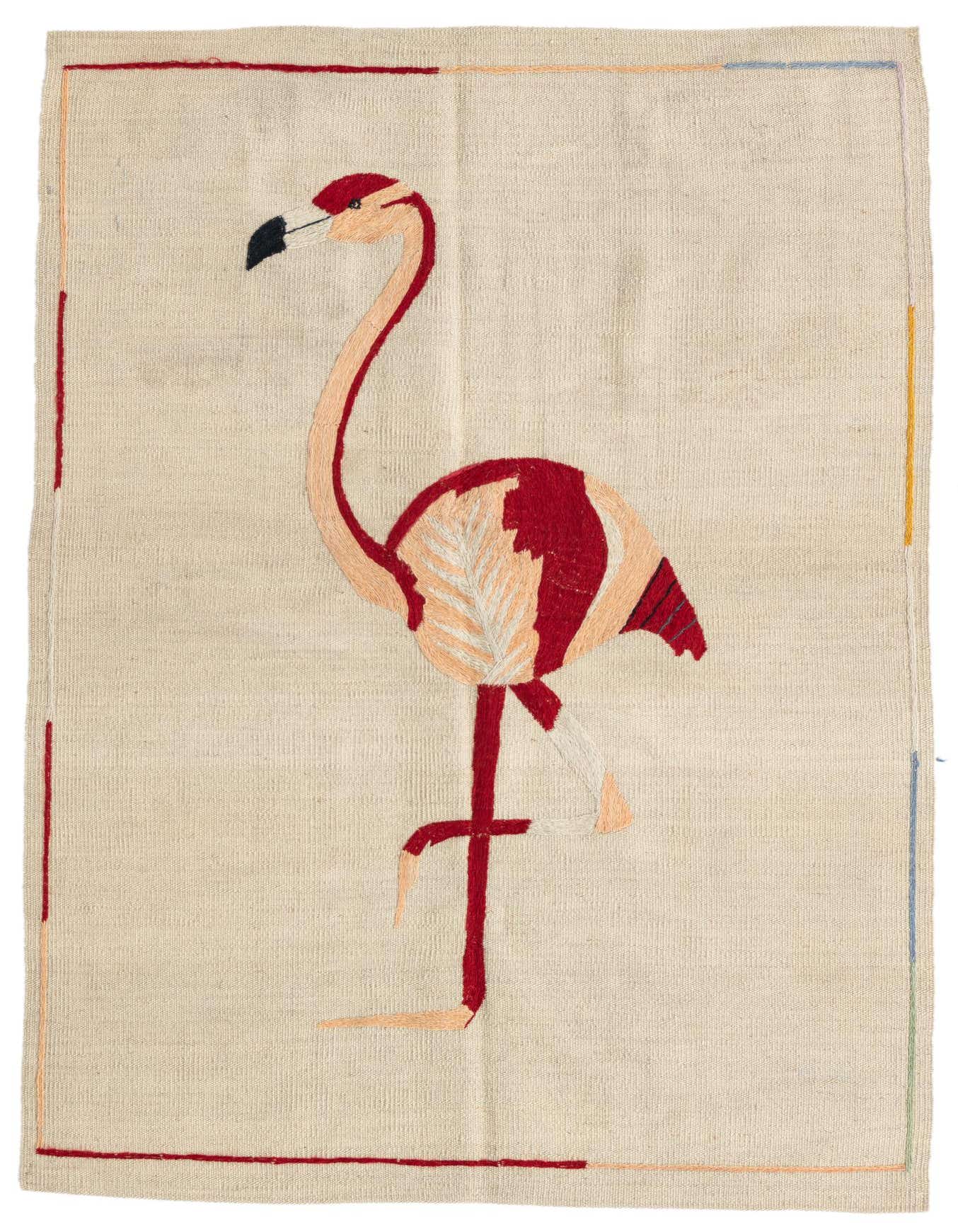 A 3x5 rectangular ivory flatweave rug featuring a large, vibrant flamingo design in shades of red and peach, with a thin border.