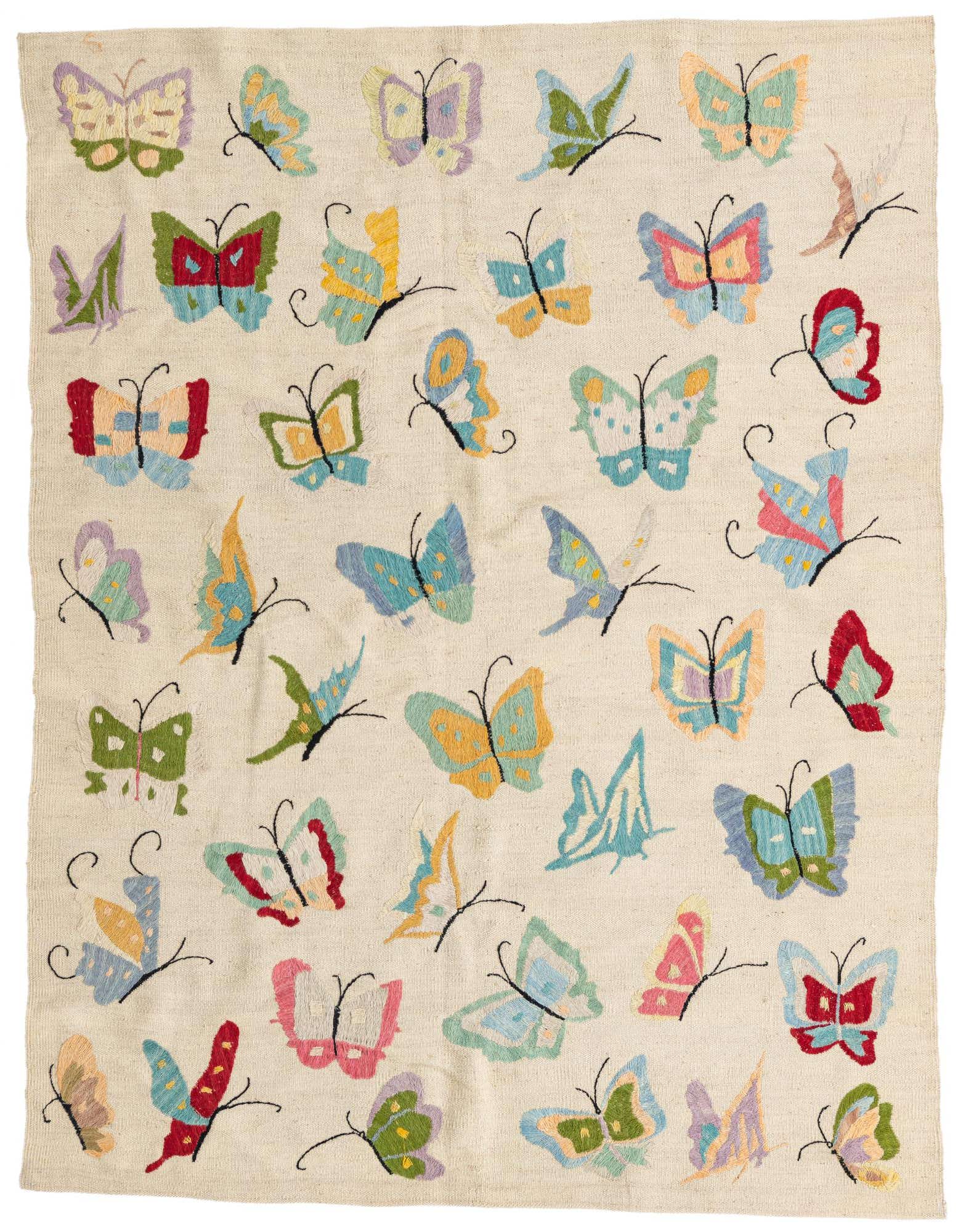 A 5x8 rectangular ivory flatweave rug featuring a vibrant, scattered butterfly pattern in various pastel colors, perfect for a child's room or playful living space.