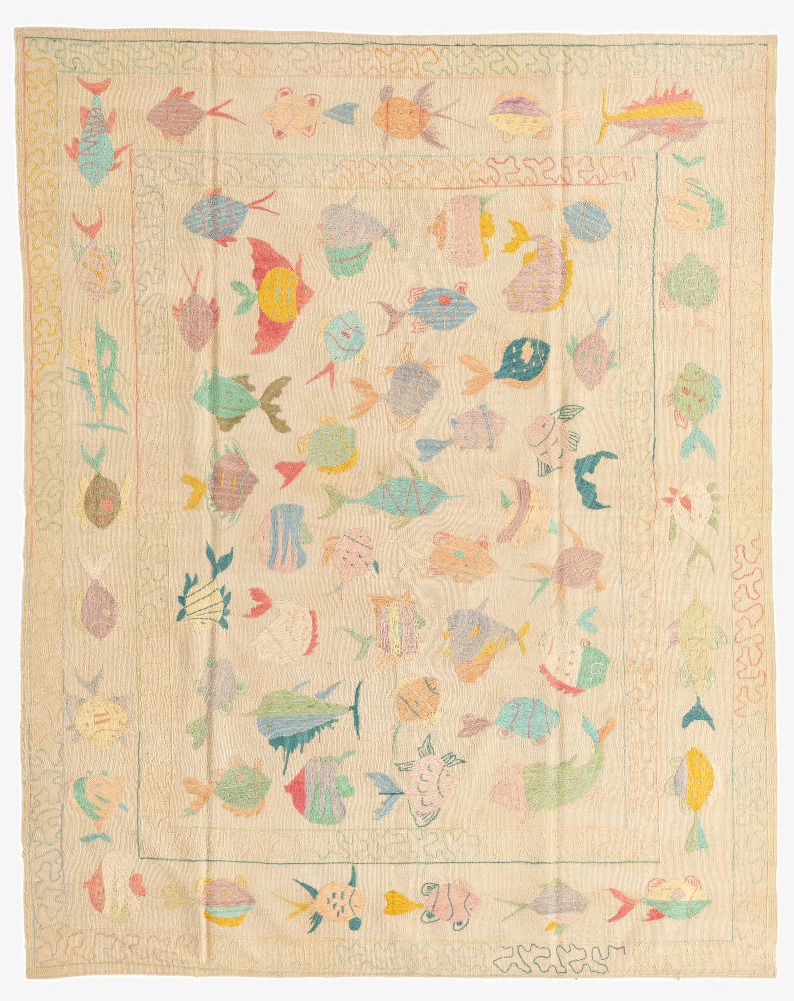  5' 9 x 7' 3  Hand Woven Kilim Suzani Wool Rug