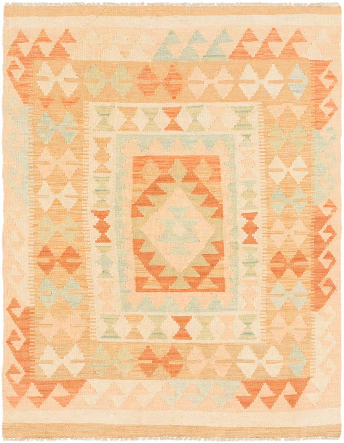 A 3x5 rectangular Kilim Waziri rug featuring a tribal medallion pattern in ivory, cream, orange, and light green hues.