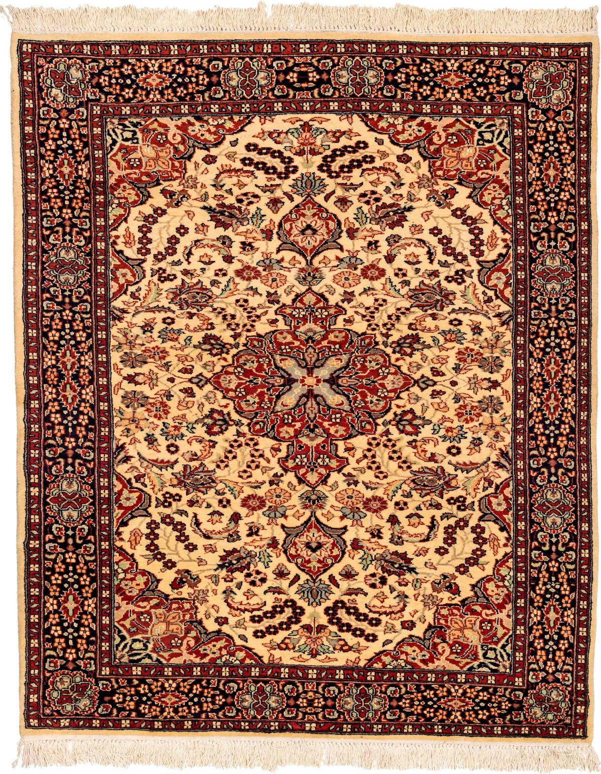A 4x6 rectangular Lahour rug featuring a traditional Oriental medallion pattern in ivory, red, and navy, with fringed ends.