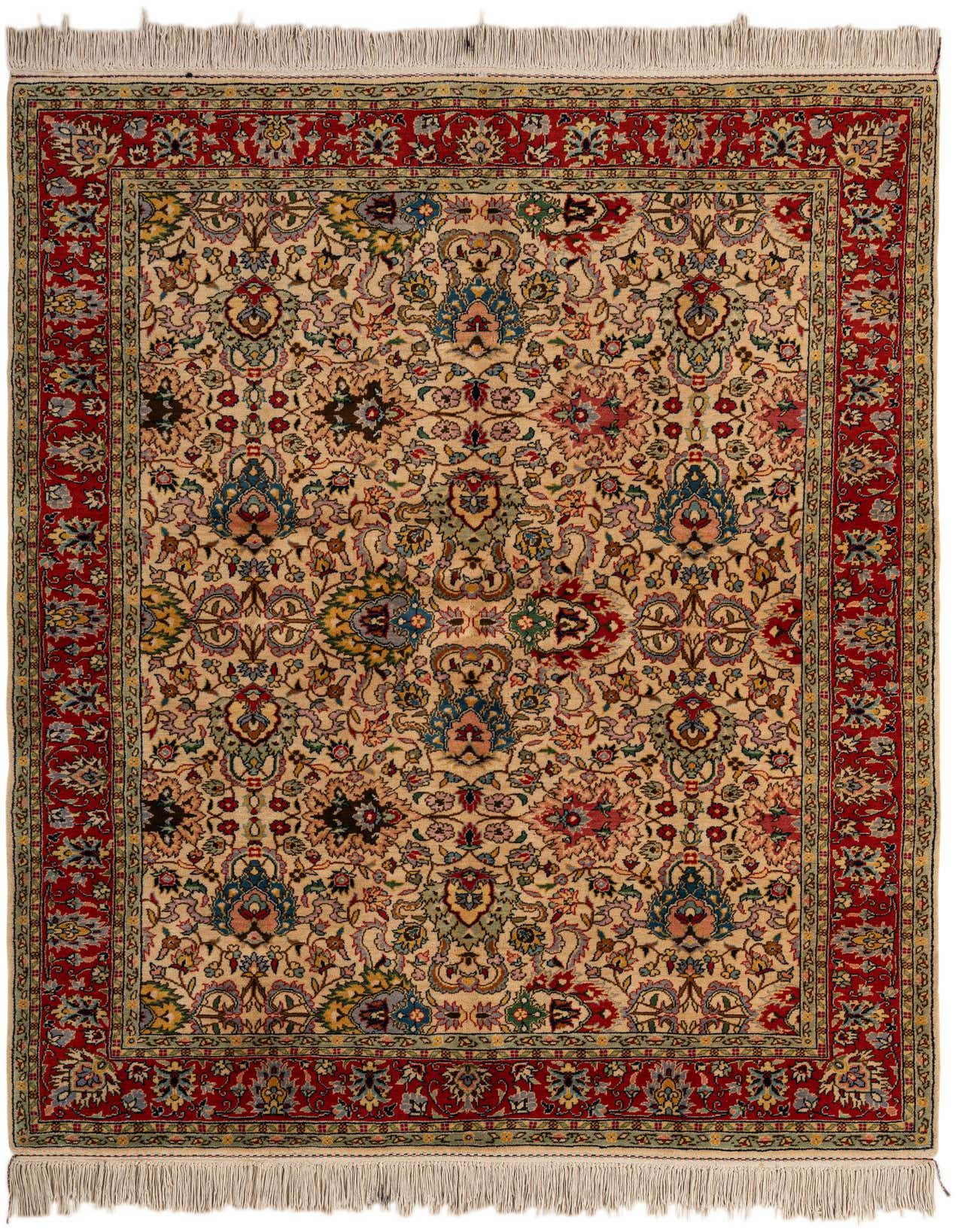 A 5x7 rectangular Lahour rug featuring a detailed traditional Oriental pattern with a cream field and a rich red border, made of 100% wool.