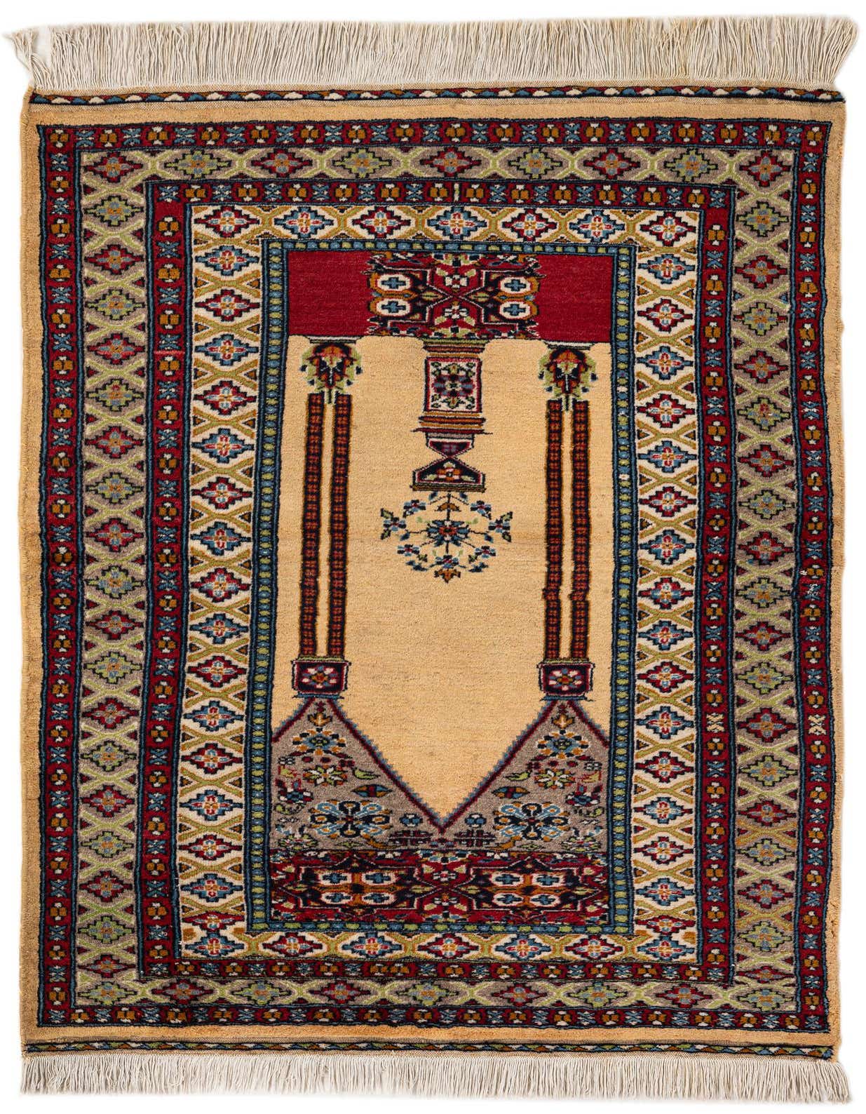 A 3x5 rectangular Lahour rug in ivory with a traditional Oriental pattern featuring red, blue, and green accents.