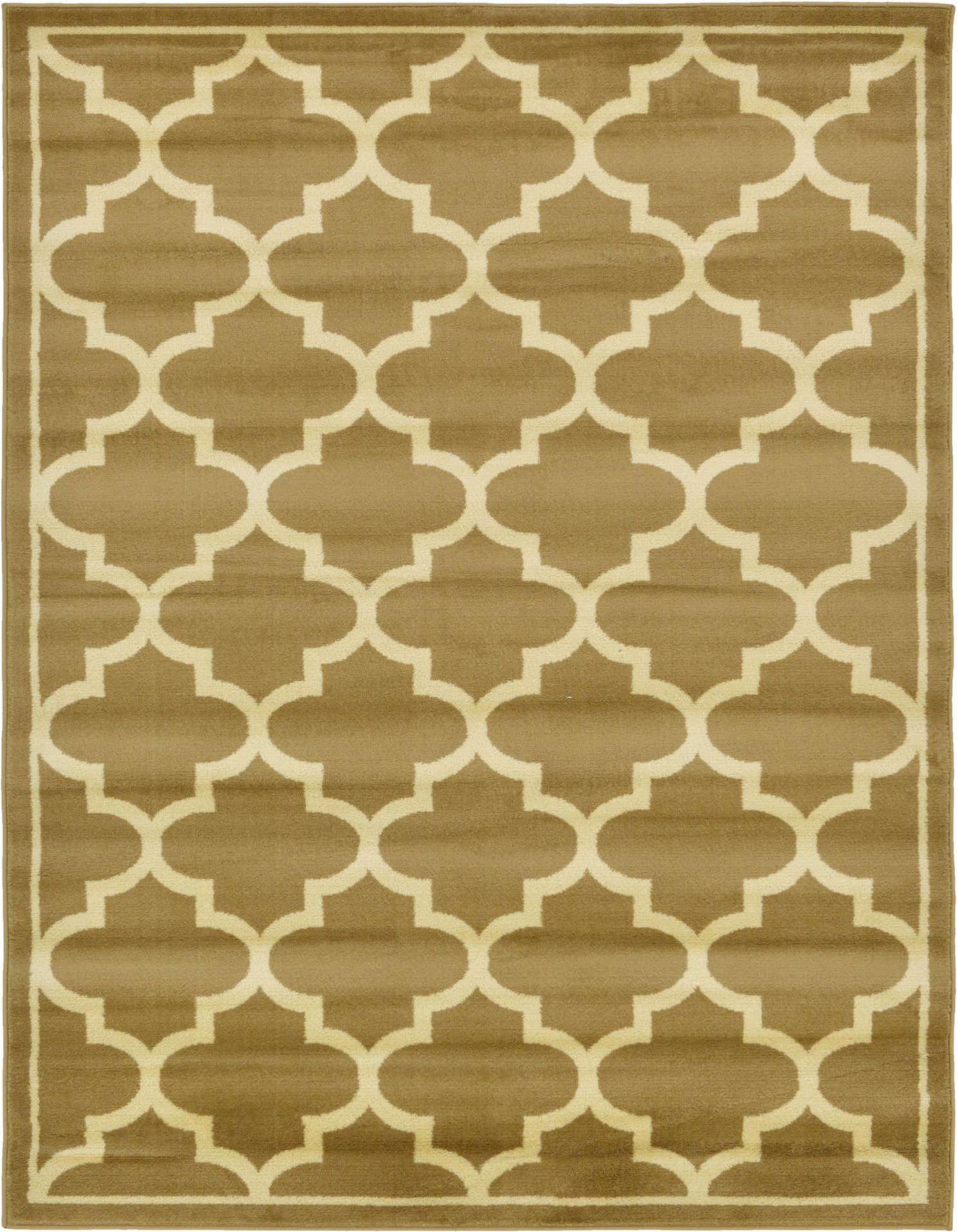 A 5x7 rectangular indoor area rug featuring a modern ivory lattice pattern on a tan background, with a medium pile.