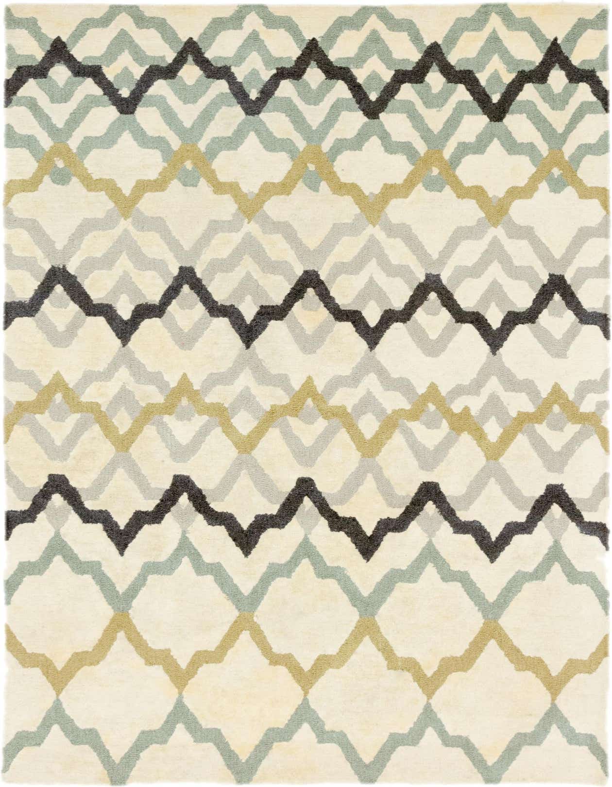 A 5x8 rectangular ivory wool rug with a wavy geometric pattern in shades of sage green, grey, and gold.