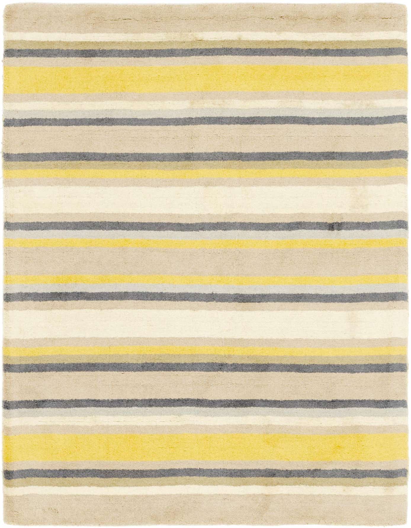 A 4x6 rectangular Luna Collection rug featuring horizontal stripes in varying shades of ivory, cream, yellow, and gray, perfect for a modern living room.