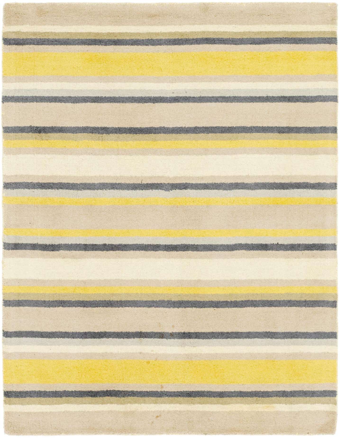 A 4x6 rectangular Luna rug featuring horizontal stripes in varying shades of ivory, cream, gray, and bright yellow.