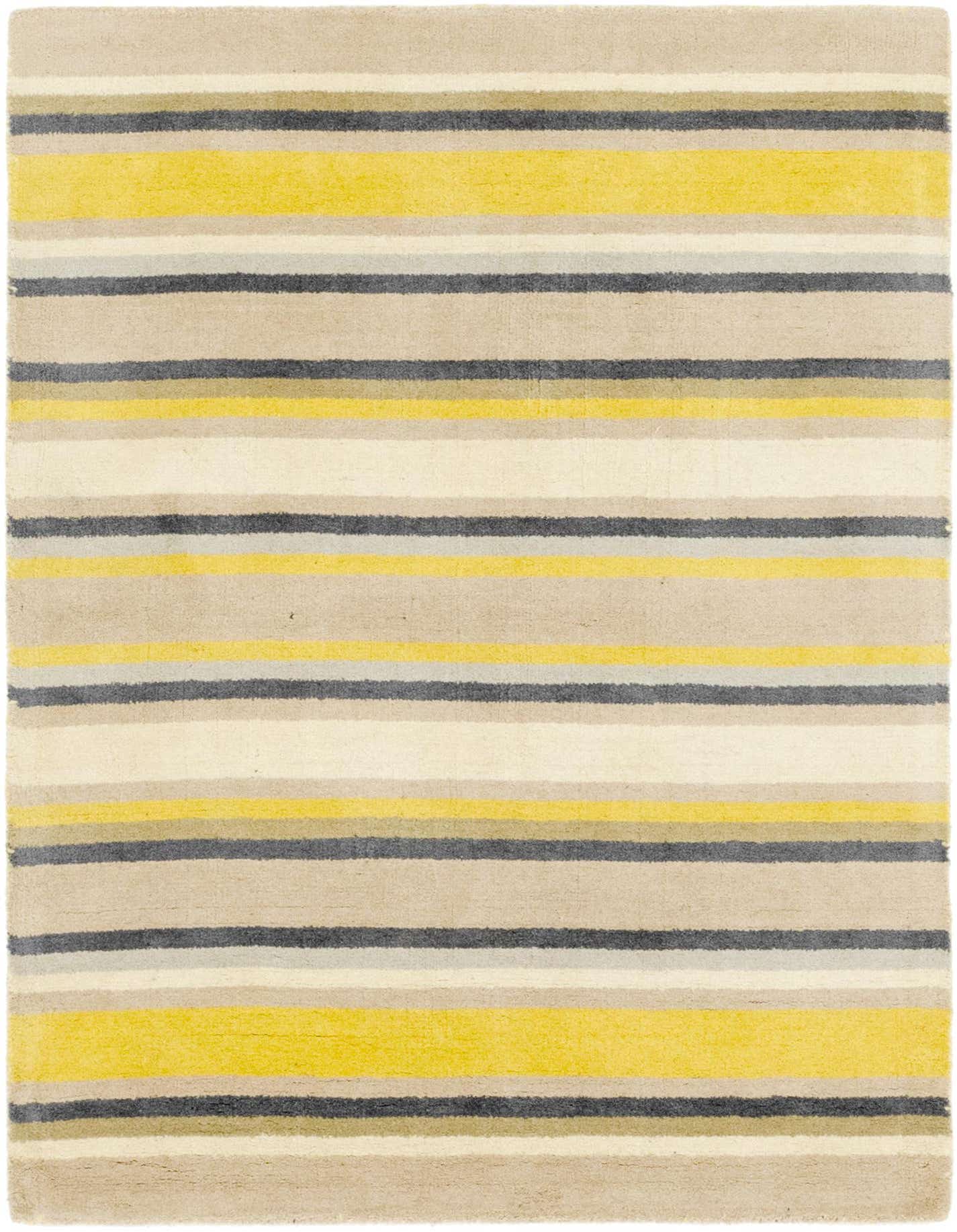 A 4x6 rectangular Luna rug featuring horizontal stripes in varying shades of ivory, cream, yellow, and gray.