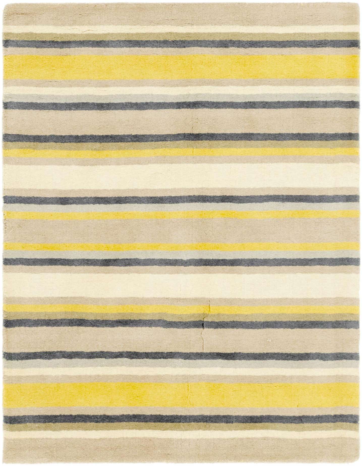 A 4x6 rectangular Luna rug featuring horizontal stripes in varying shades of ivory, cream, yellow, and gray.