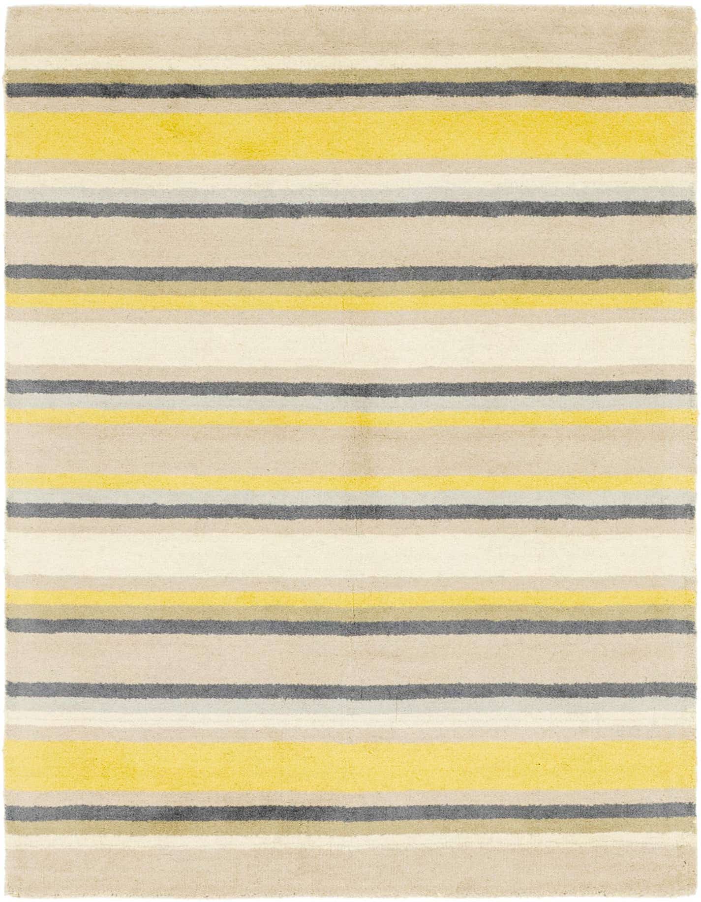 A 4x6 rectangular Luna rug featuring horizontal stripes in varying widths of ivory, cream, yellow, and gray.