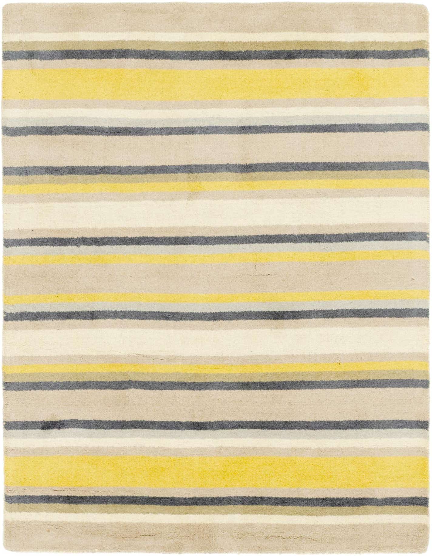A 4x6 rectangular Luna rug featuring horizontal stripes in varying shades of ivory, cream, gray, and yellow, suitable for a living room or bedroom.