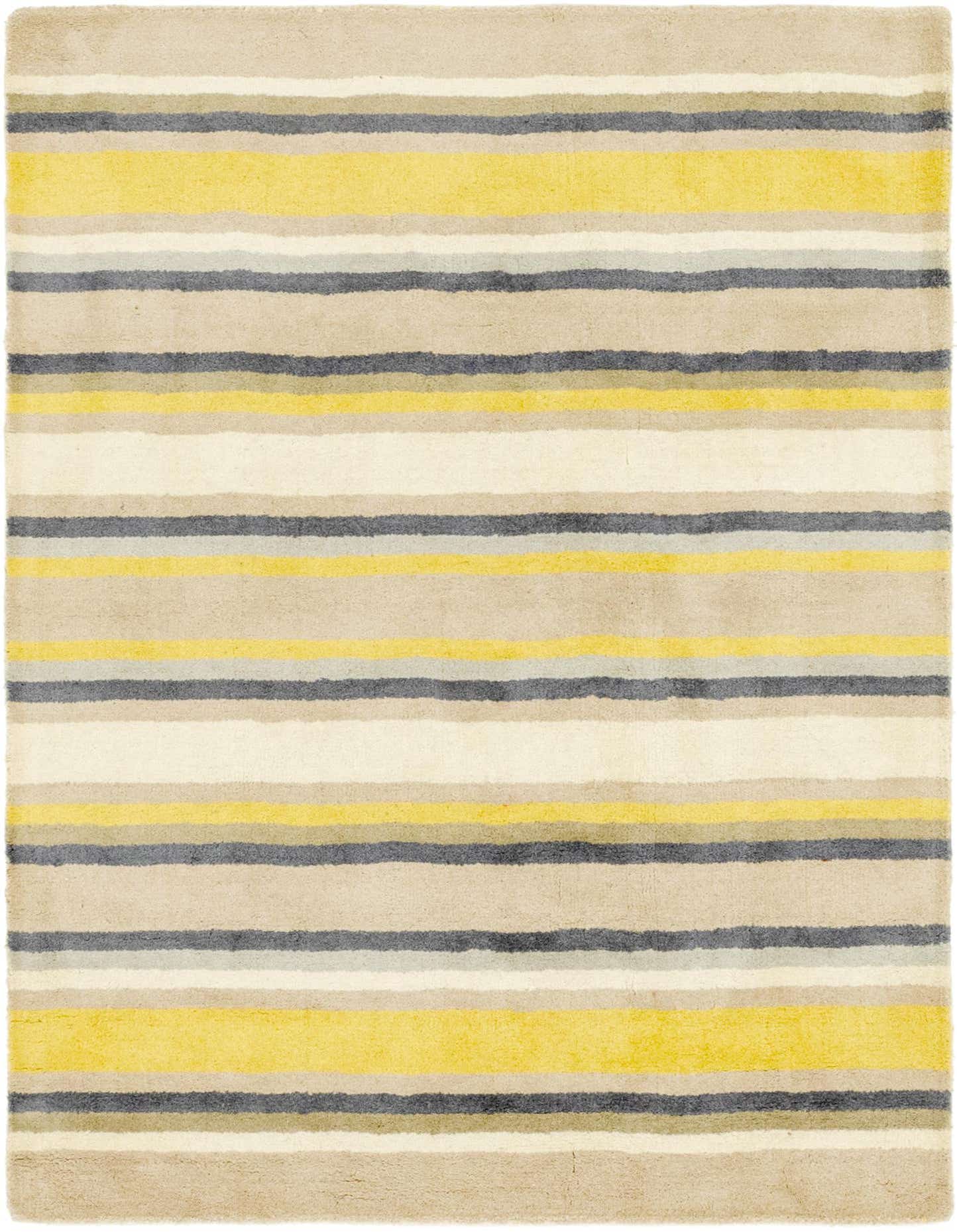 A 4x6 rectangular Luna rug featuring horizontal stripes in varying widths of ivory, cream, yellow, and gray.