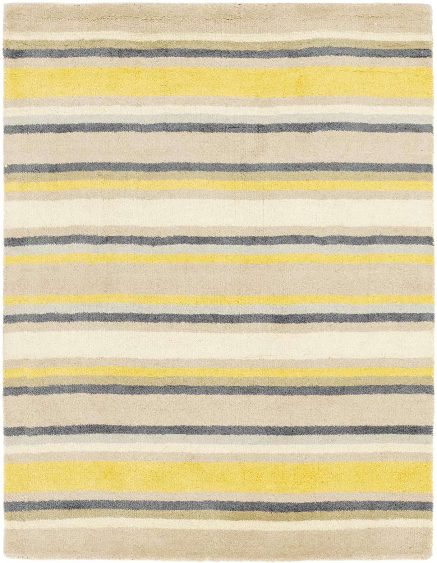 A 4x6 rectangular Luna rug featuring horizontal stripes in varying widths of ivory, cream, yellow, and gray.