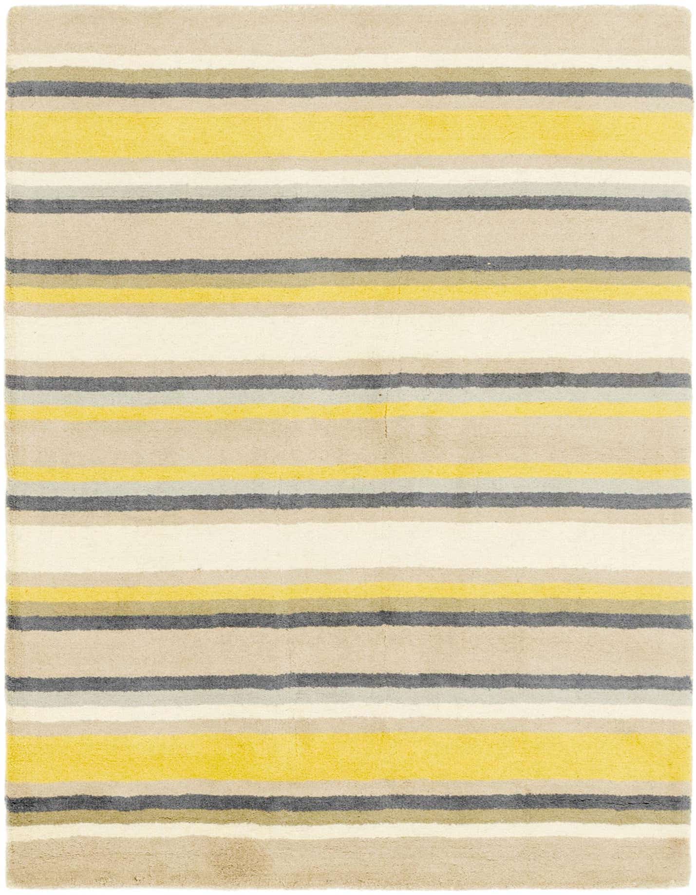 A 4x6 rectangular Luna rug featuring horizontal stripes in varying widths of ivory, cream, yellow, and gray.