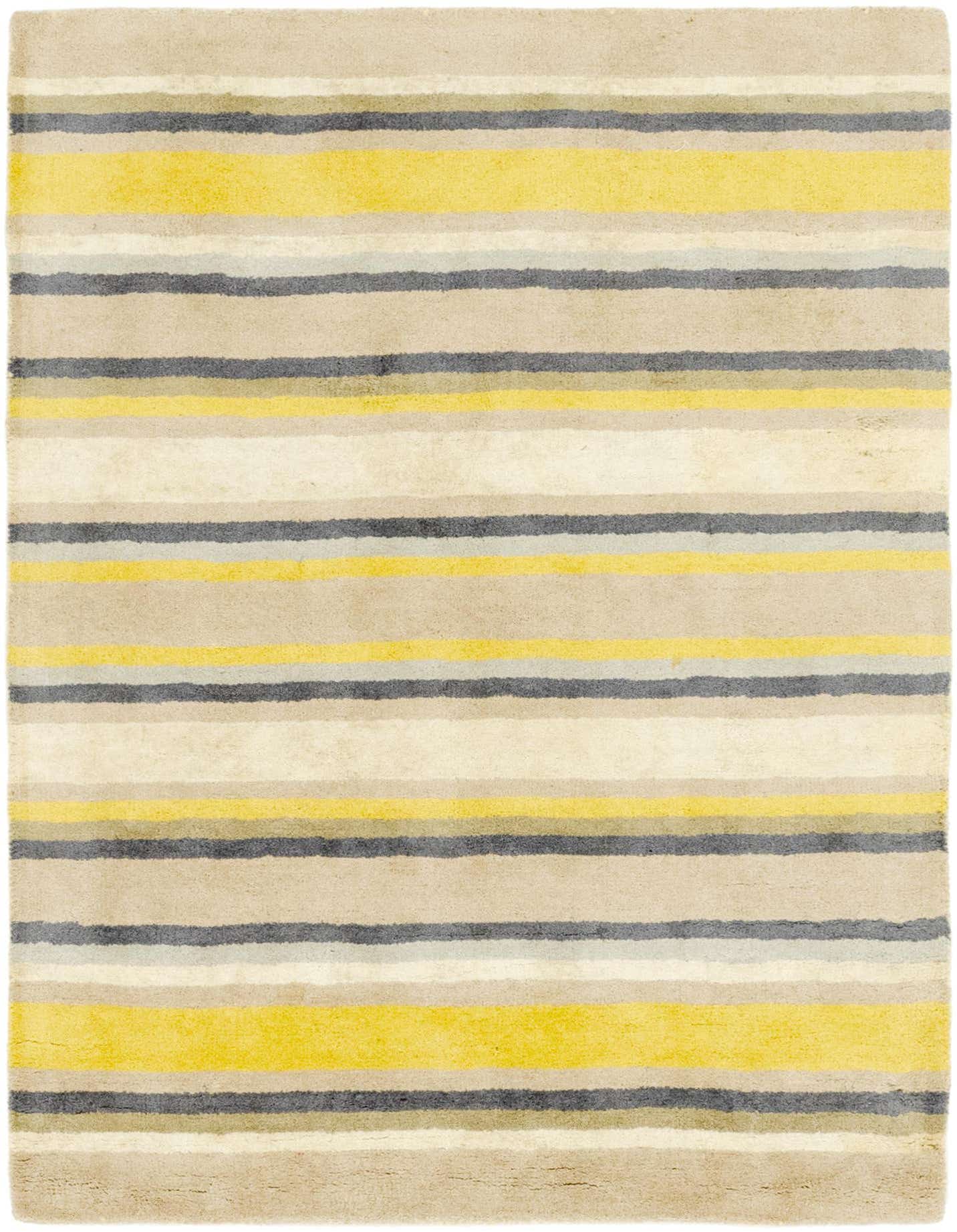 A 4x6 rectangular Luna rug featuring horizontal stripes in varying shades of ivory, cream, yellow, and gray.