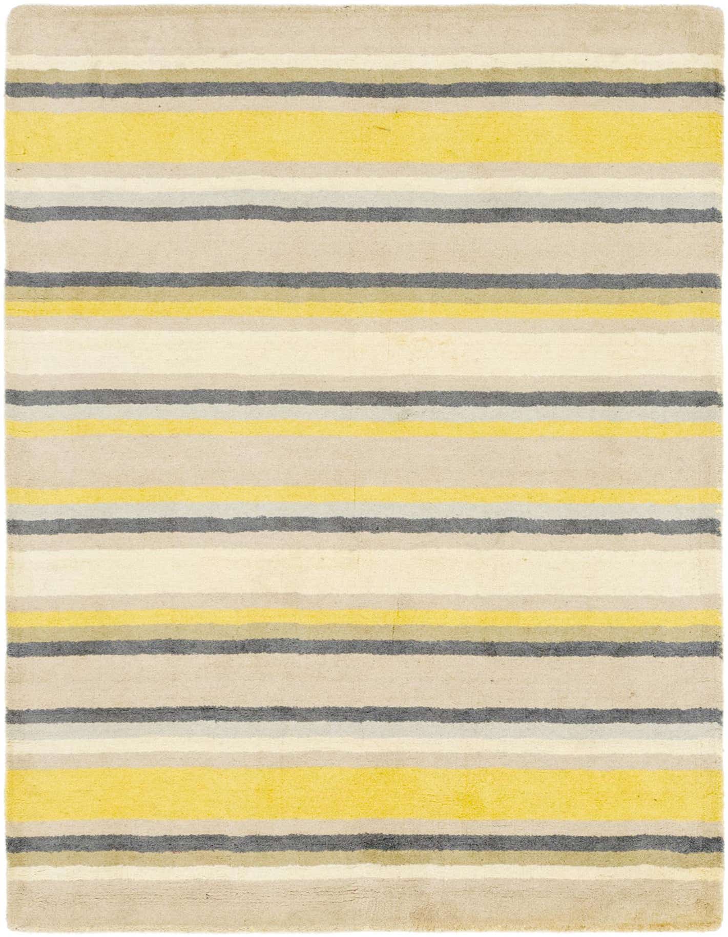A 4x6 rectangular Luna rug featuring horizontal stripes in varying shades of ivory, cream, light gray, dark gray, and bright yellow.
