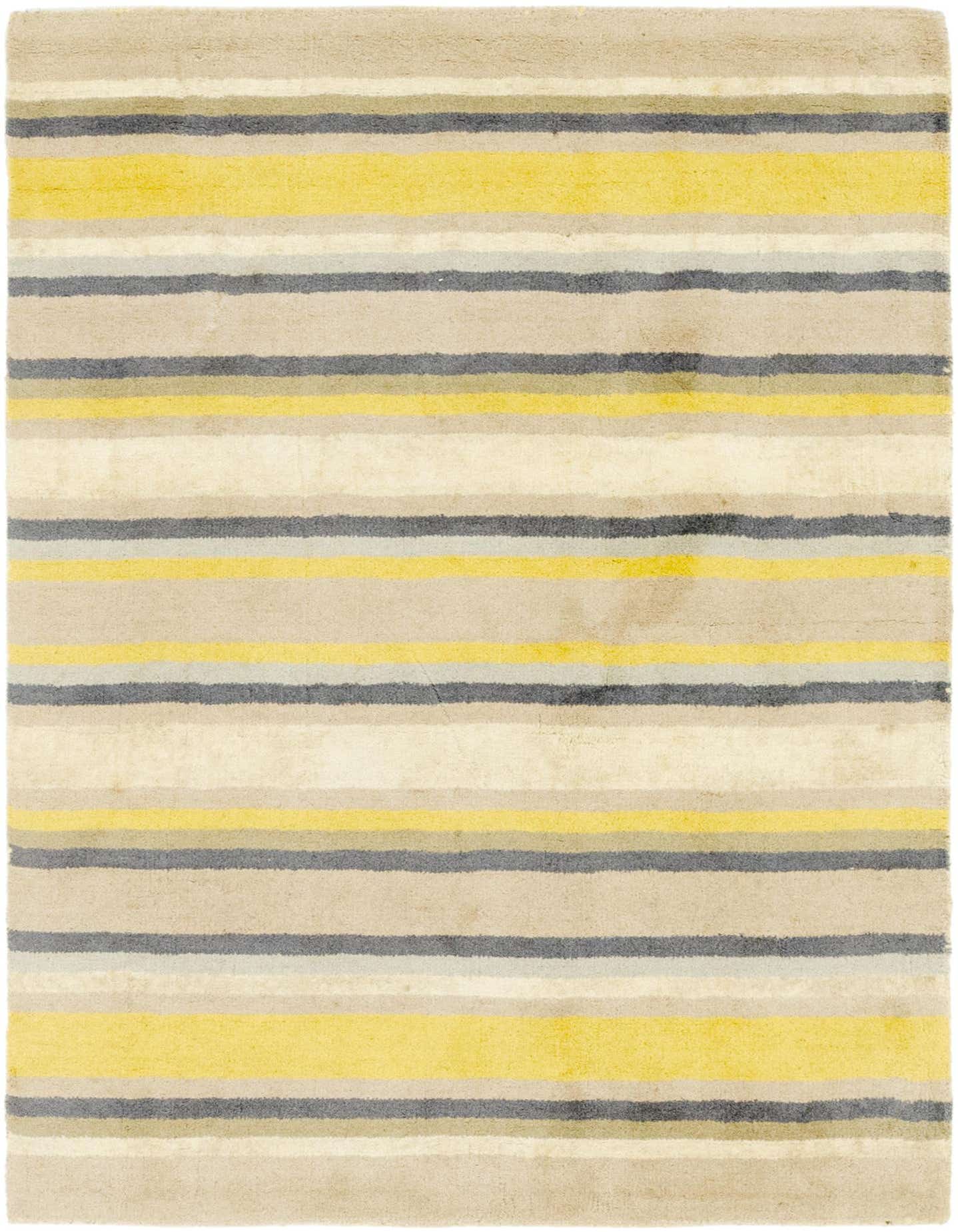 A 4x6 rectangular Luna rug featuring horizontal stripes in varying shades of ivory, cream, yellow, and gray.