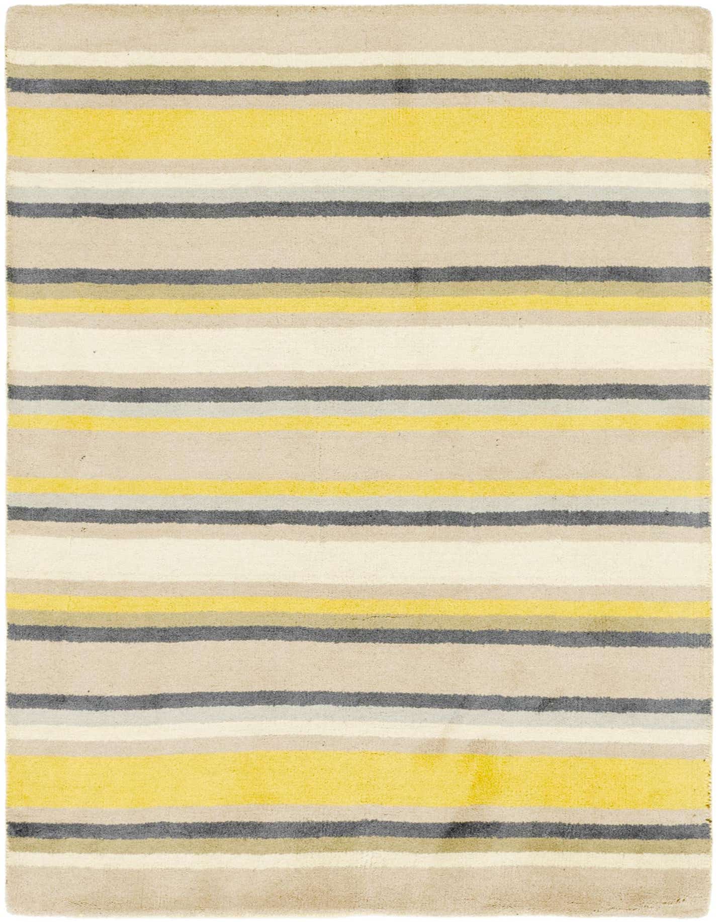 A 4x6 rectangular Luna rug featuring bold horizontal stripes in ivory, cream, yellow, and charcoal, suitable for a living room.