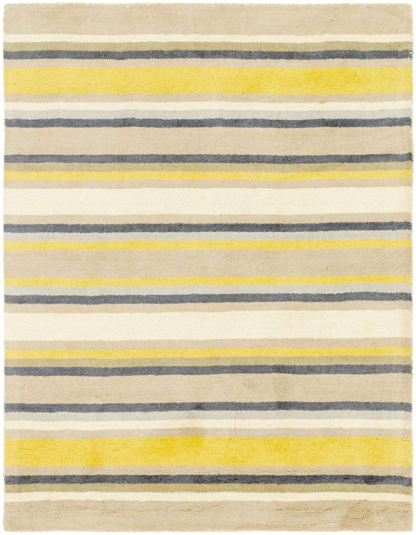 A 4x6 rectangular Luna rug featuring horizontal stripes in varying widths of ivory, cream, light grey, dark grey, and bright yellow.