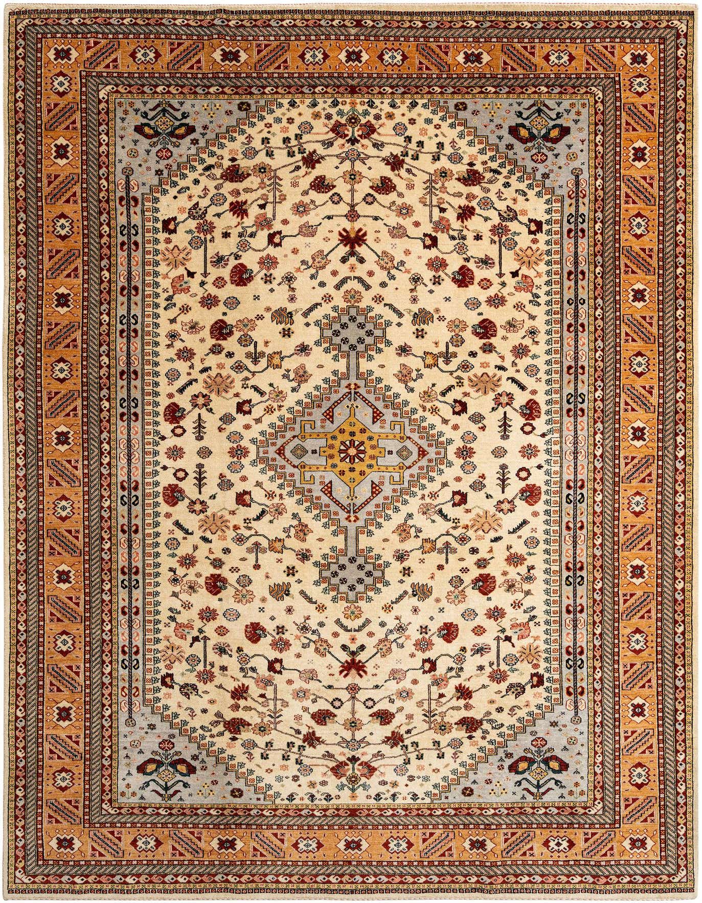 Handmade rectangular Persian rug with an ivory field, intricate floral patterns, and a multi-bordered design in creams, reds, and oranges.