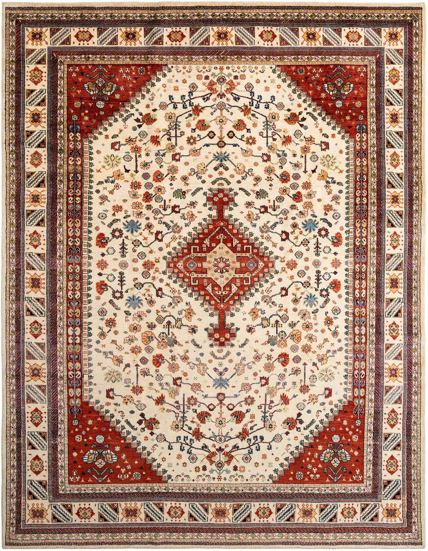 A rectangular handmade Persian rug with an ivory field and a central red medallion, surrounded by intricate floral and geometric patterns.